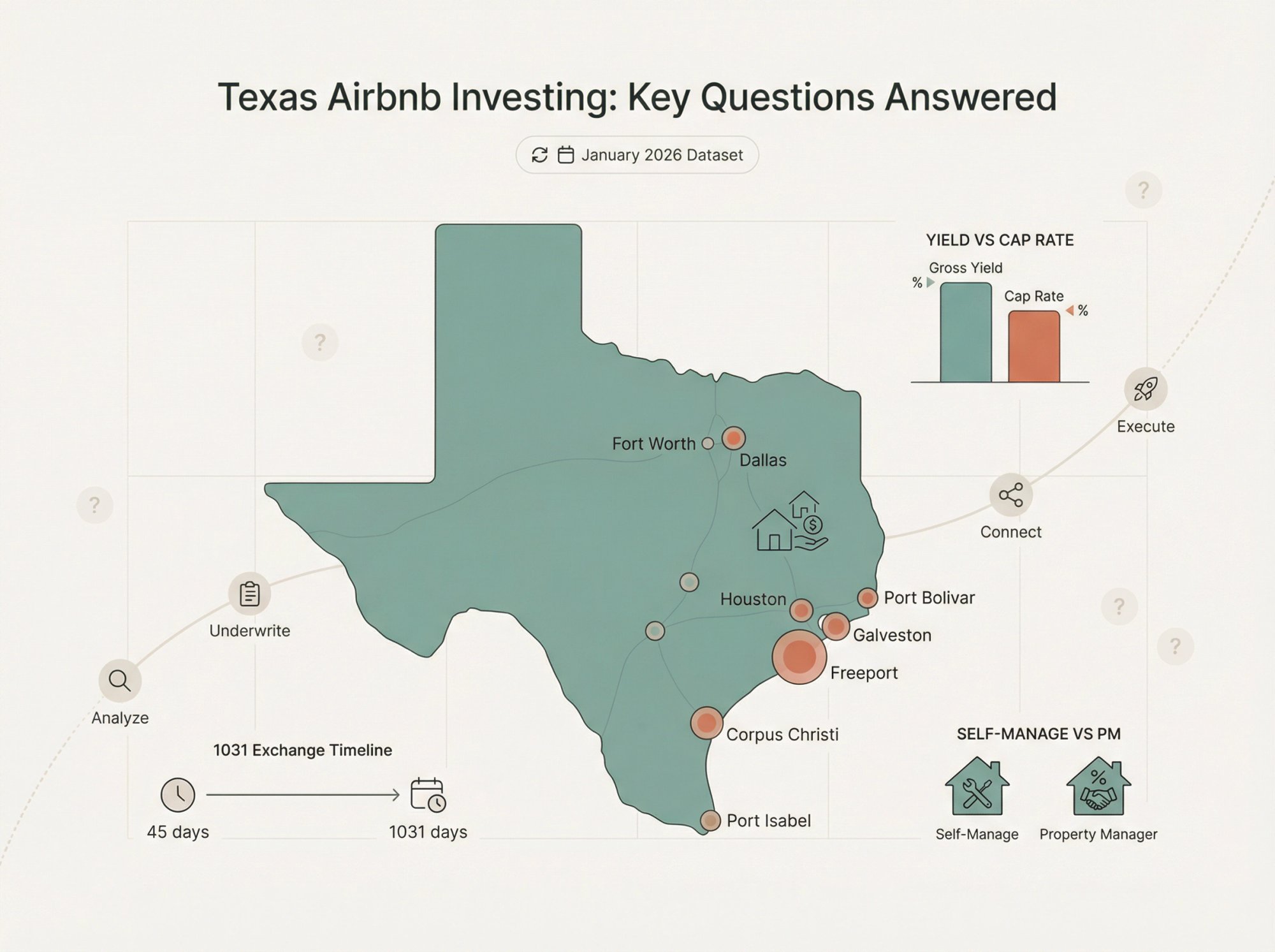 Visual framework showing key Texas Airbnb investing questions answered: market rankings, yield calculations, 1031 timelines, and investor decision points