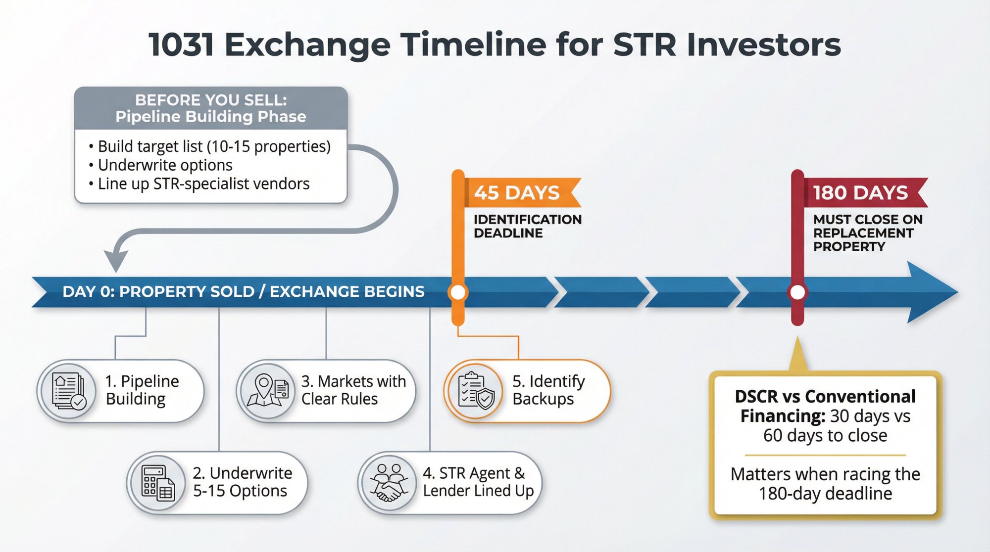 1031 exchange timeline infographic showing 45-day identification and 180-day closing deadlines with strategic workflow steps for STR investors