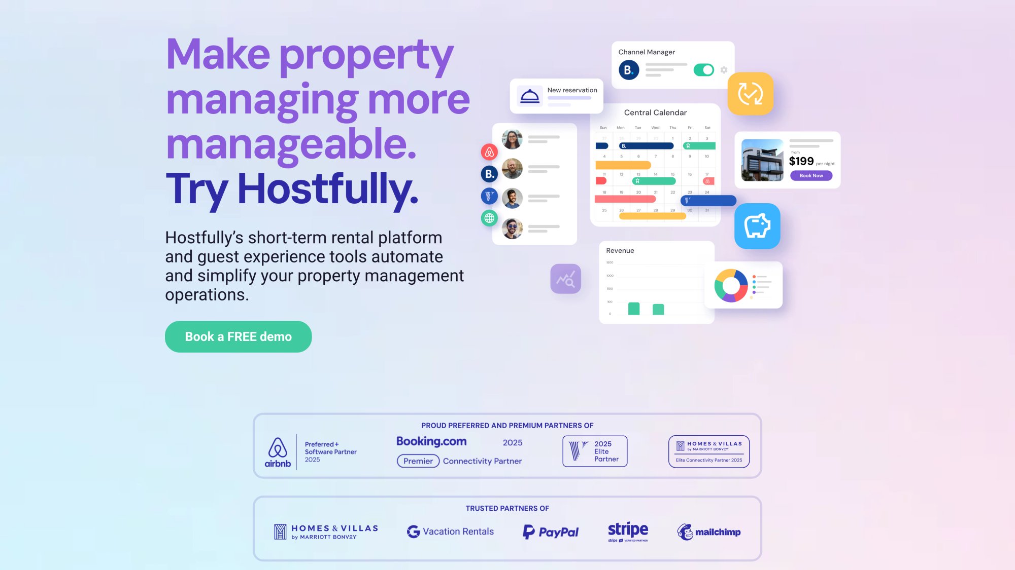 Hostfully property management platform homepage showcasing direct API connections and digital guidebook features for hosts