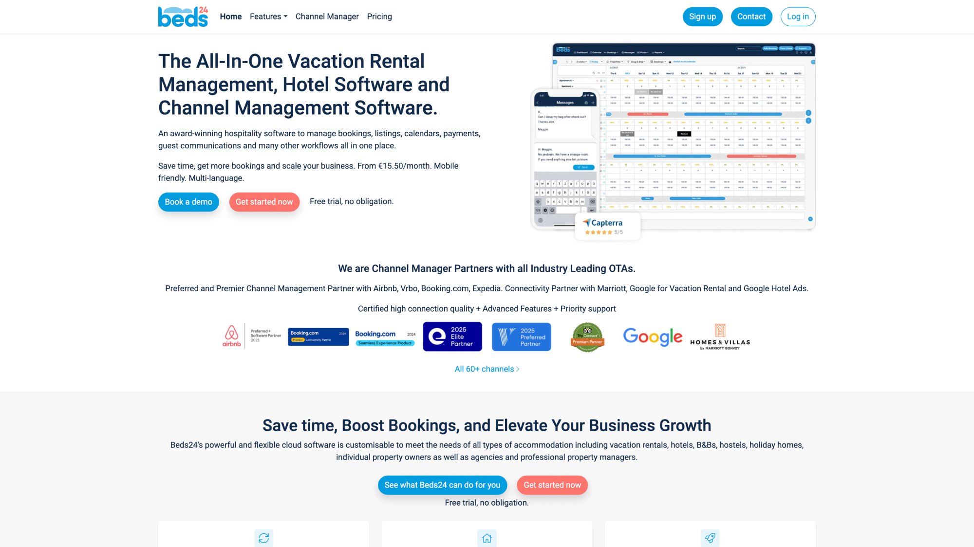 Beds24 booking system homepage featuring modular pricing and customizable channel manager for vacation rentals