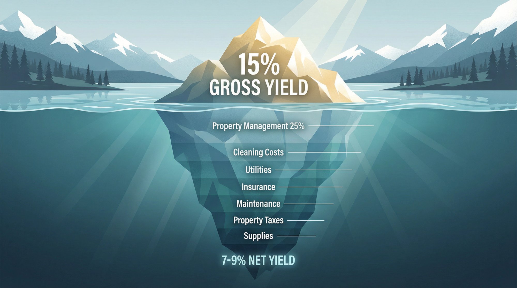 Iceberg diagram showing gross yield above water and hidden STR expenses below the surface