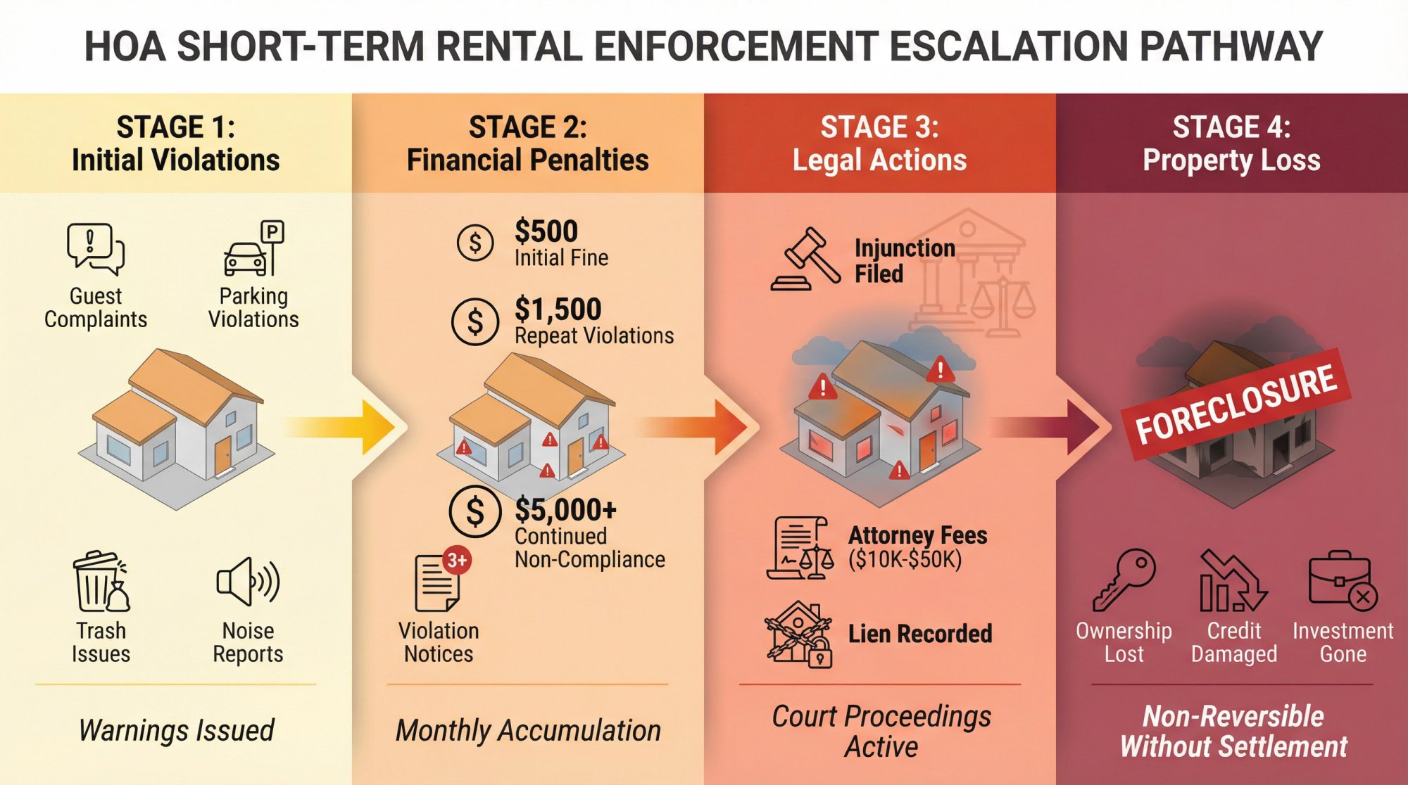 HOA enforcement escalation pathway diagram showing fines, liens, and legal actions against STR investors