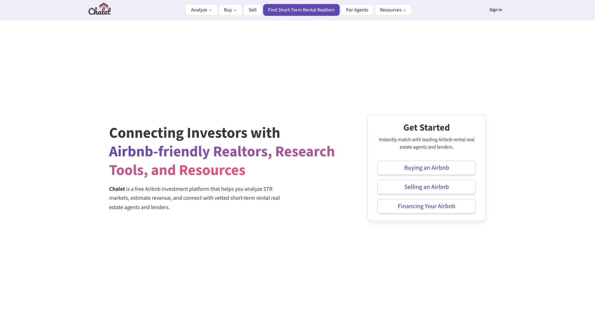 Chalet platform homepage showing free market analytics, ROI calculators, and vetted STR vendor network for Airbnb investors