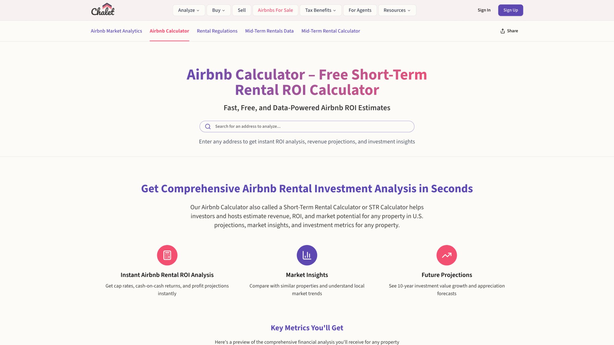 Chalet ROI and DSCR calculator interface for analyzing short-term rental property investments and 1031 exchange deals