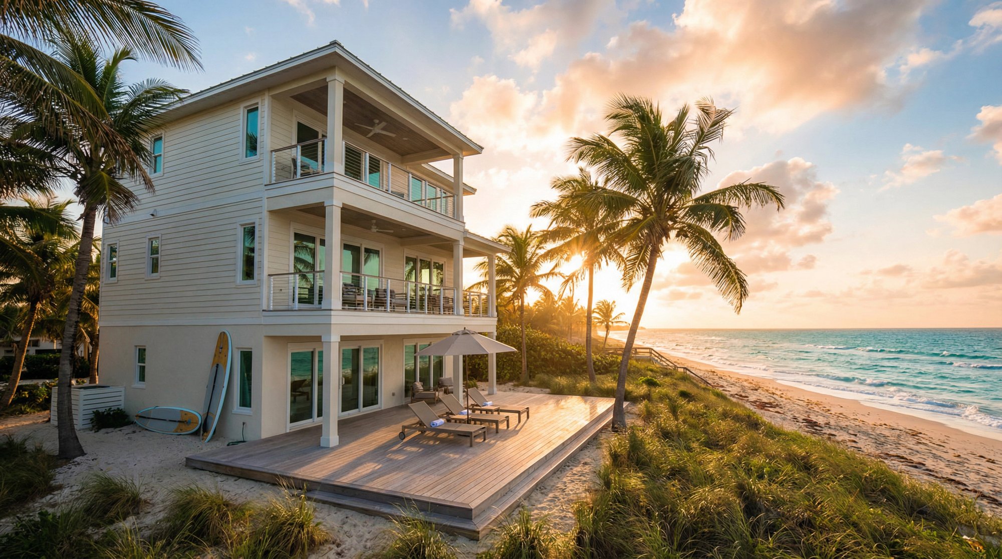 Florida beachfront vacation rental property with palm trees and oceanfront balcony, representing tax-free 1031 exchange opportunities