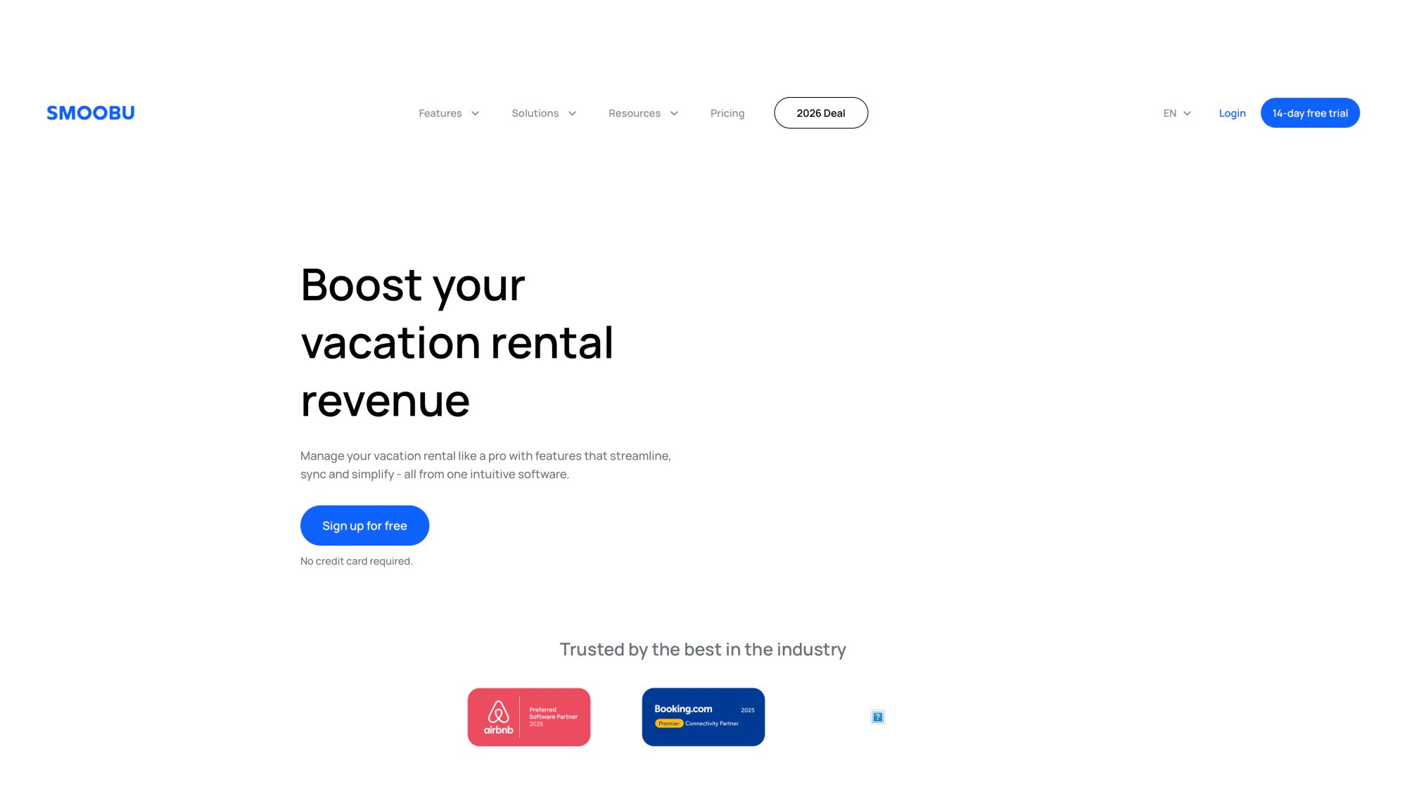 Smoobu vacation rental software homepage displaying European market focus with multi-channel booking management