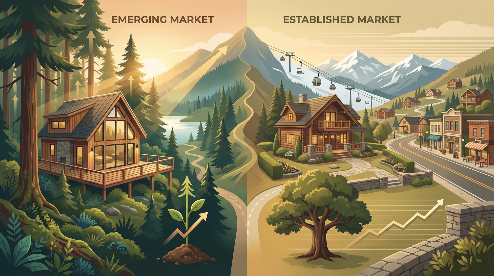 Split comparison showing emerging STR market potential versus established vacation rental destination stability