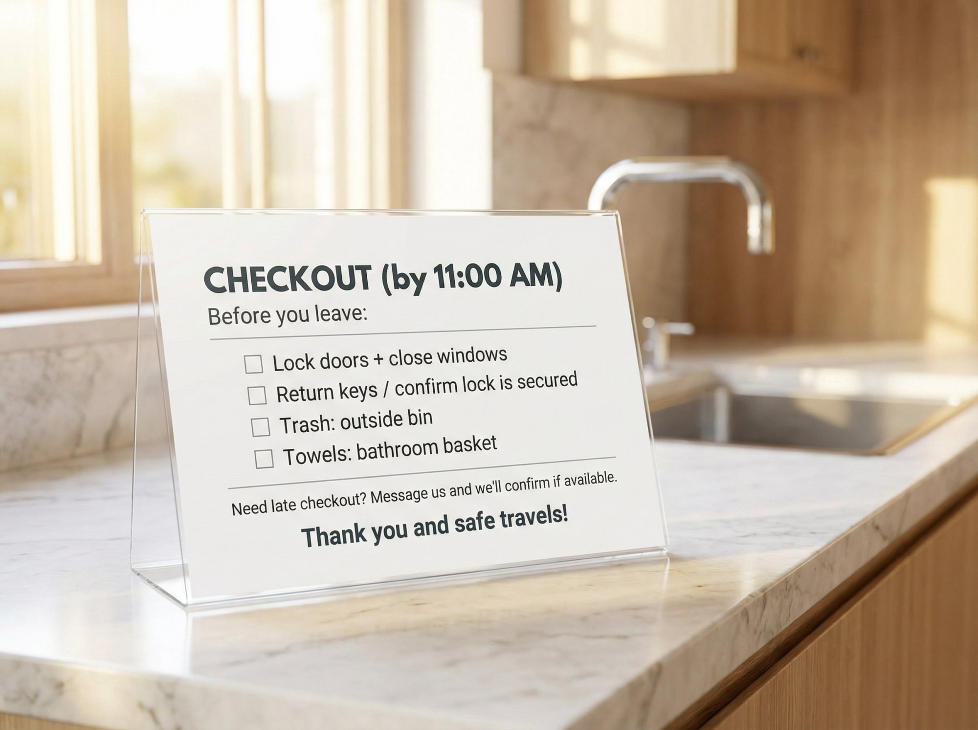 Professional laminated checkout sign displayed on a kitchen counter in a modern Airbnb rental, showing clear checklist format with checkbox icons and readable typography