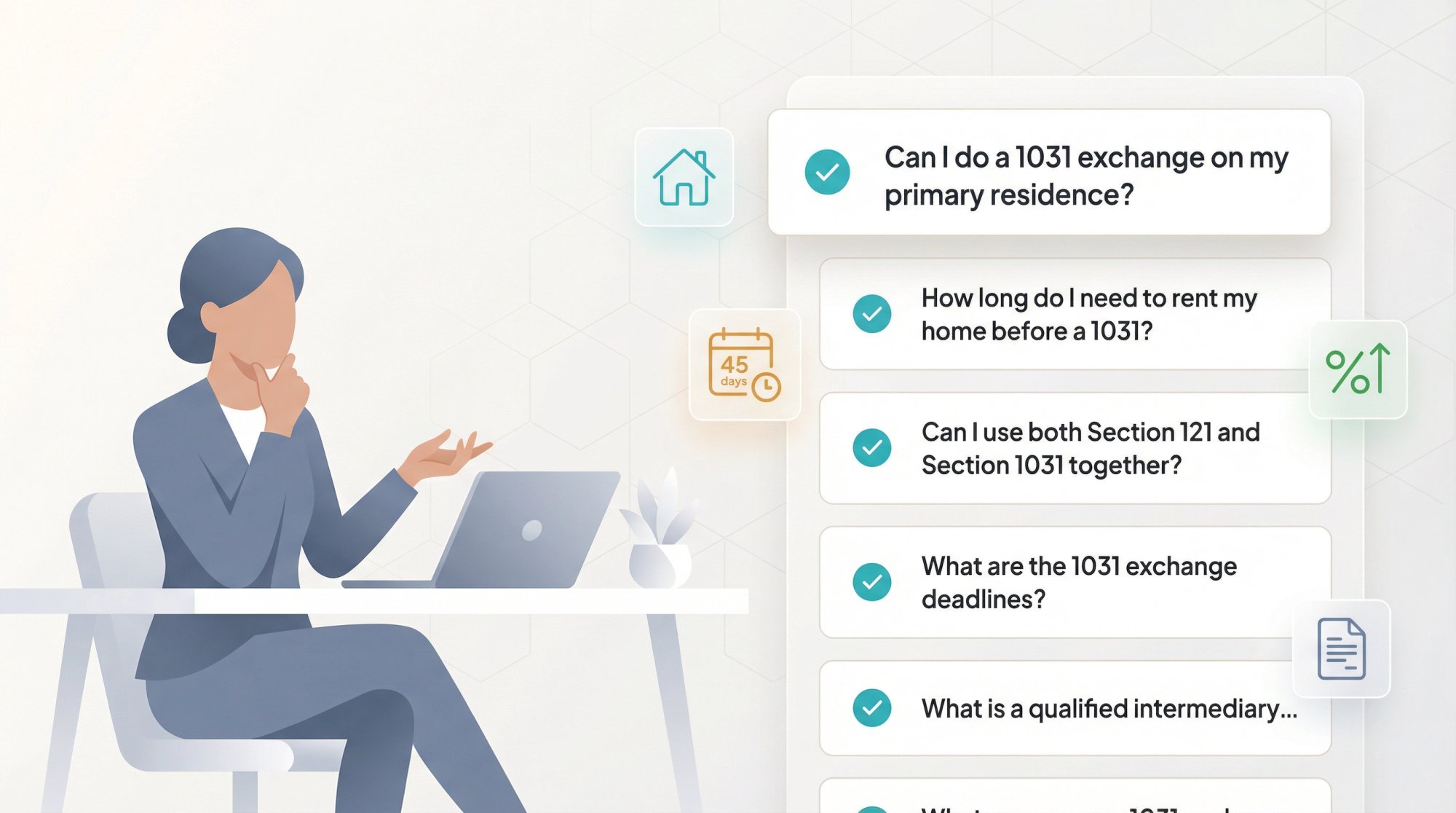 Modern illustration of organized FAQ interface with 1031 exchange and tax questions clearly answered in clean, approachable design