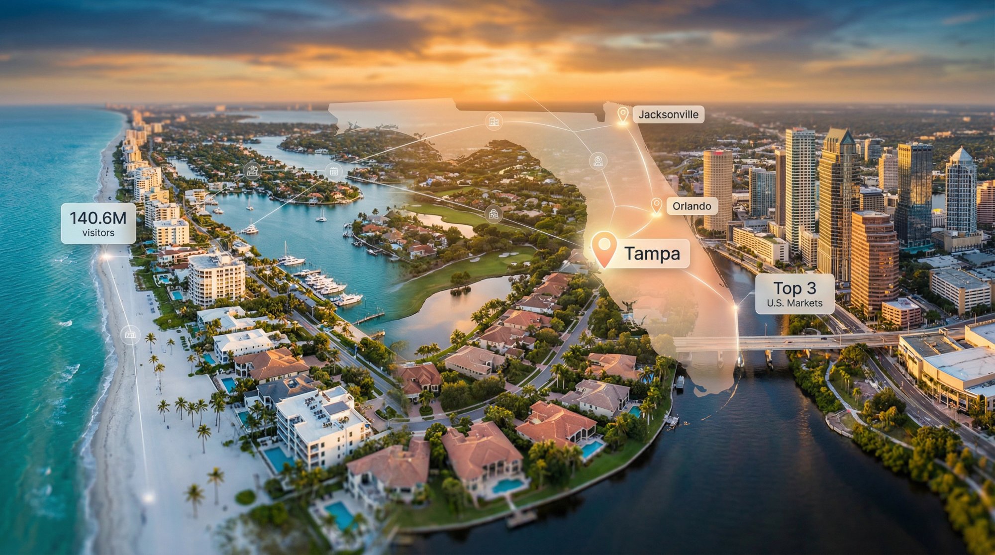 Aerial view of Florida's diverse real estate markets from coastal beaches to urban skylines with investment analytics overlay