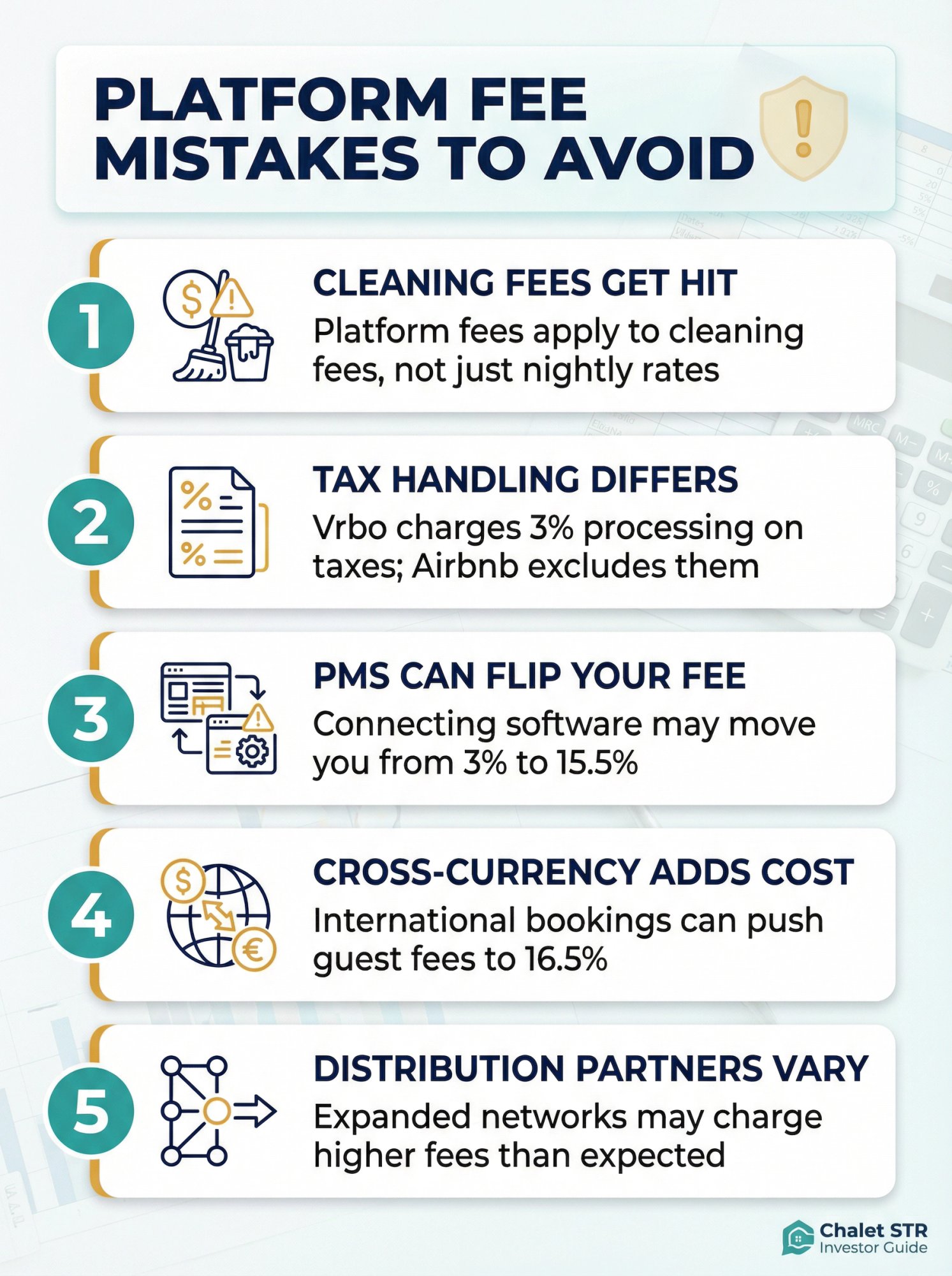 Five common platform fee mistakes that STR investors must avoid, including cleaning fee calculations, tax handling, PMS impacts, currency issues, and distribution partner changes
