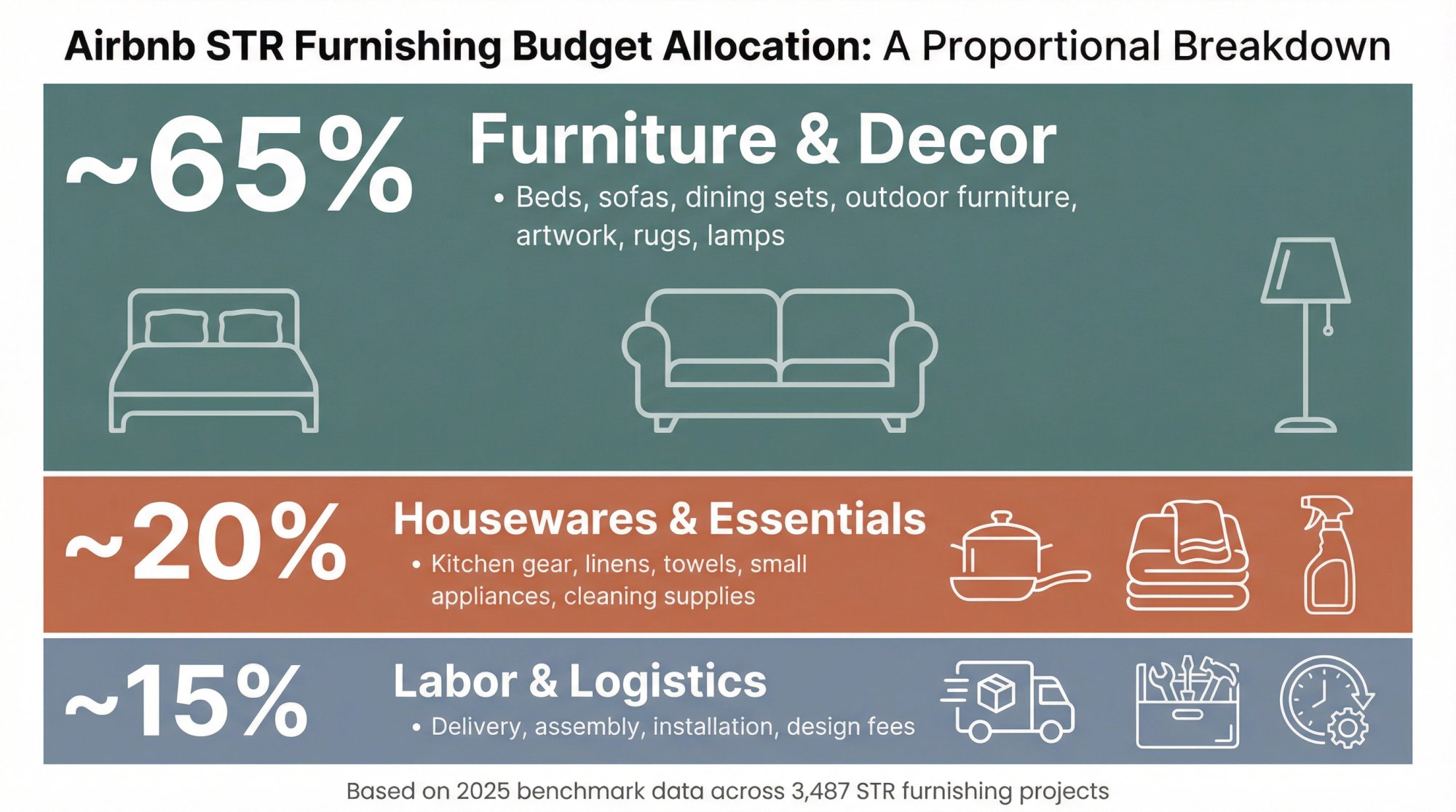 Airbnb furnishing budget breakdown showing 65% furniture and decor, 20% housewares and essentials, 15% labor and logistics