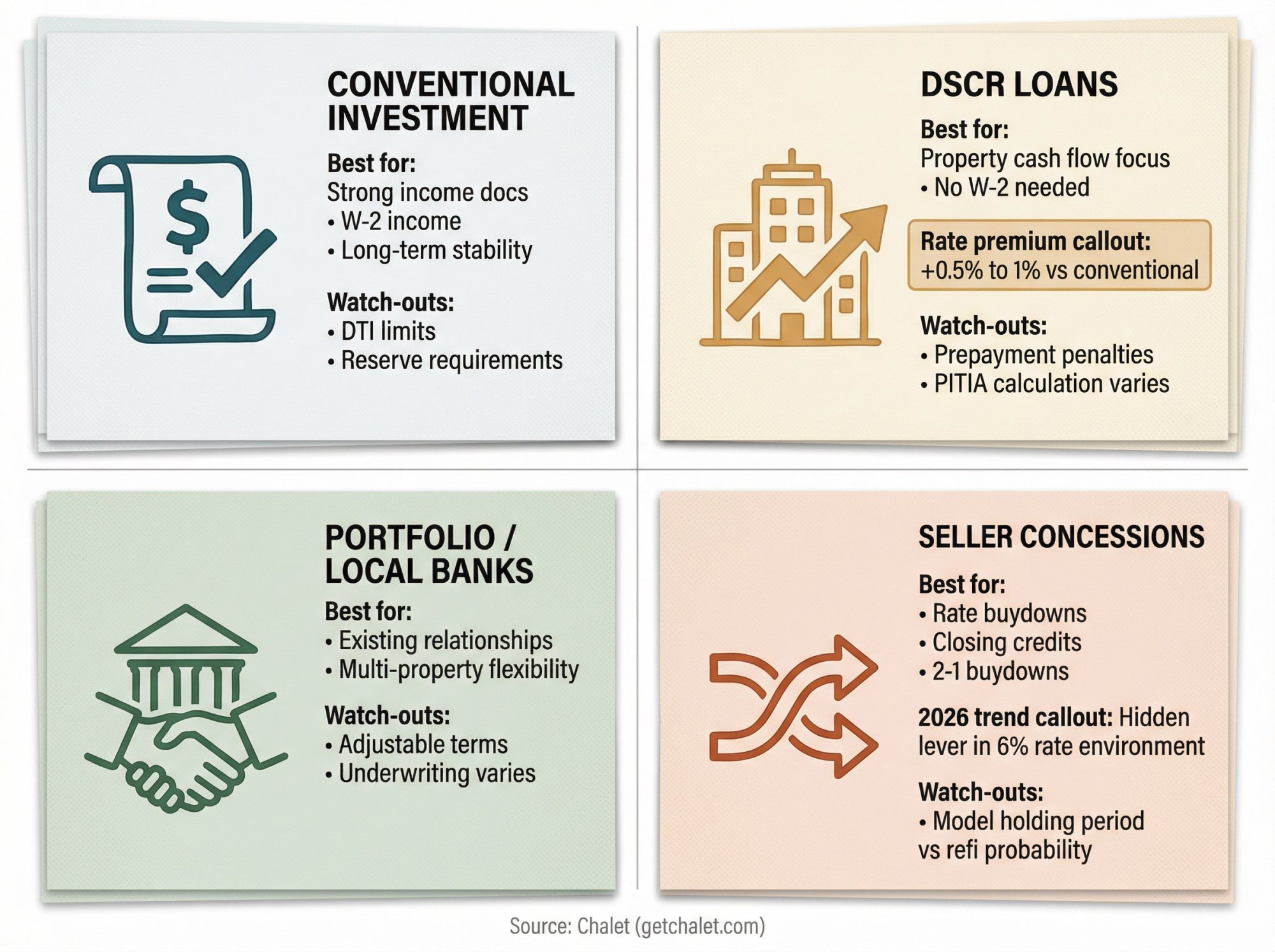 Visual comparison of STR financing options: Conventional, DSCR, Portfolio, and Seller Concessions in 2026
