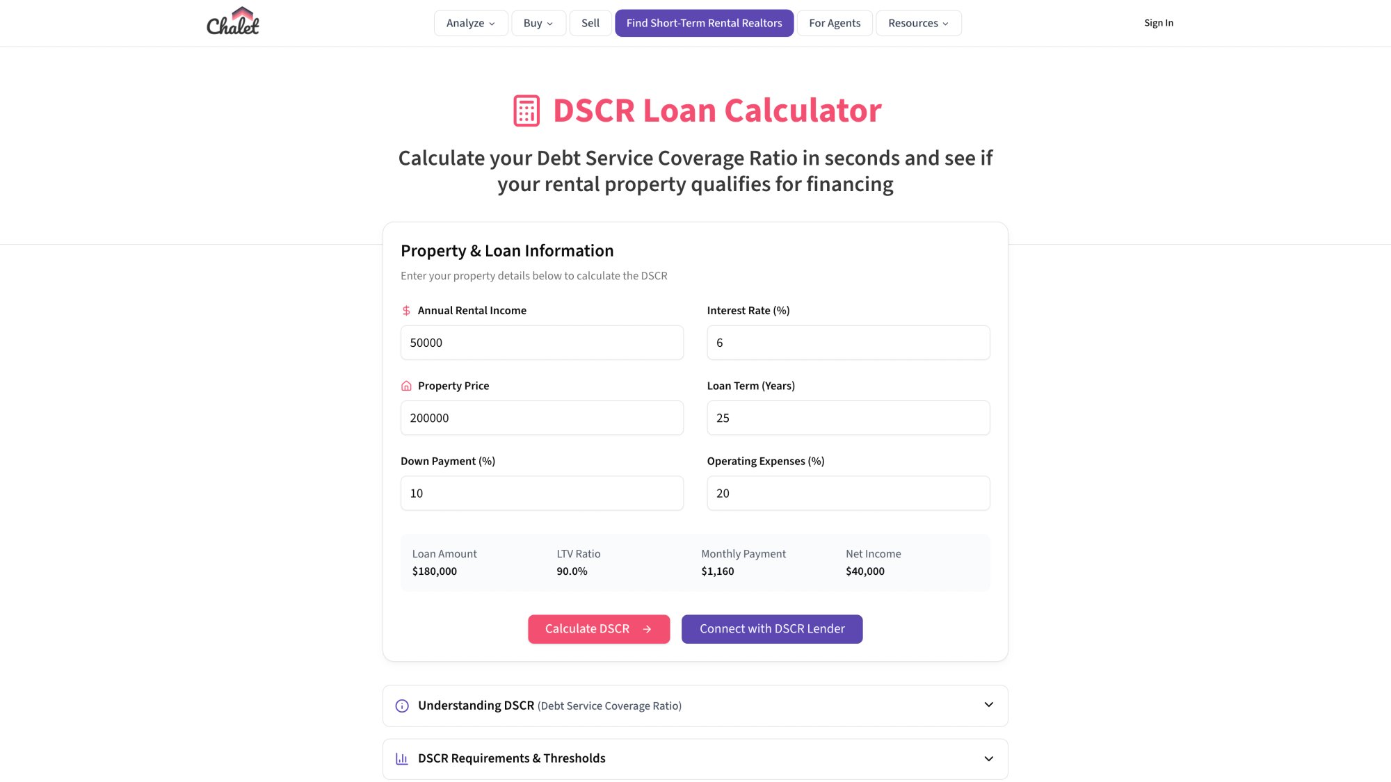 Chalet's DSCR Calculator interface for checking debt service coverage ratio before buying STR properties