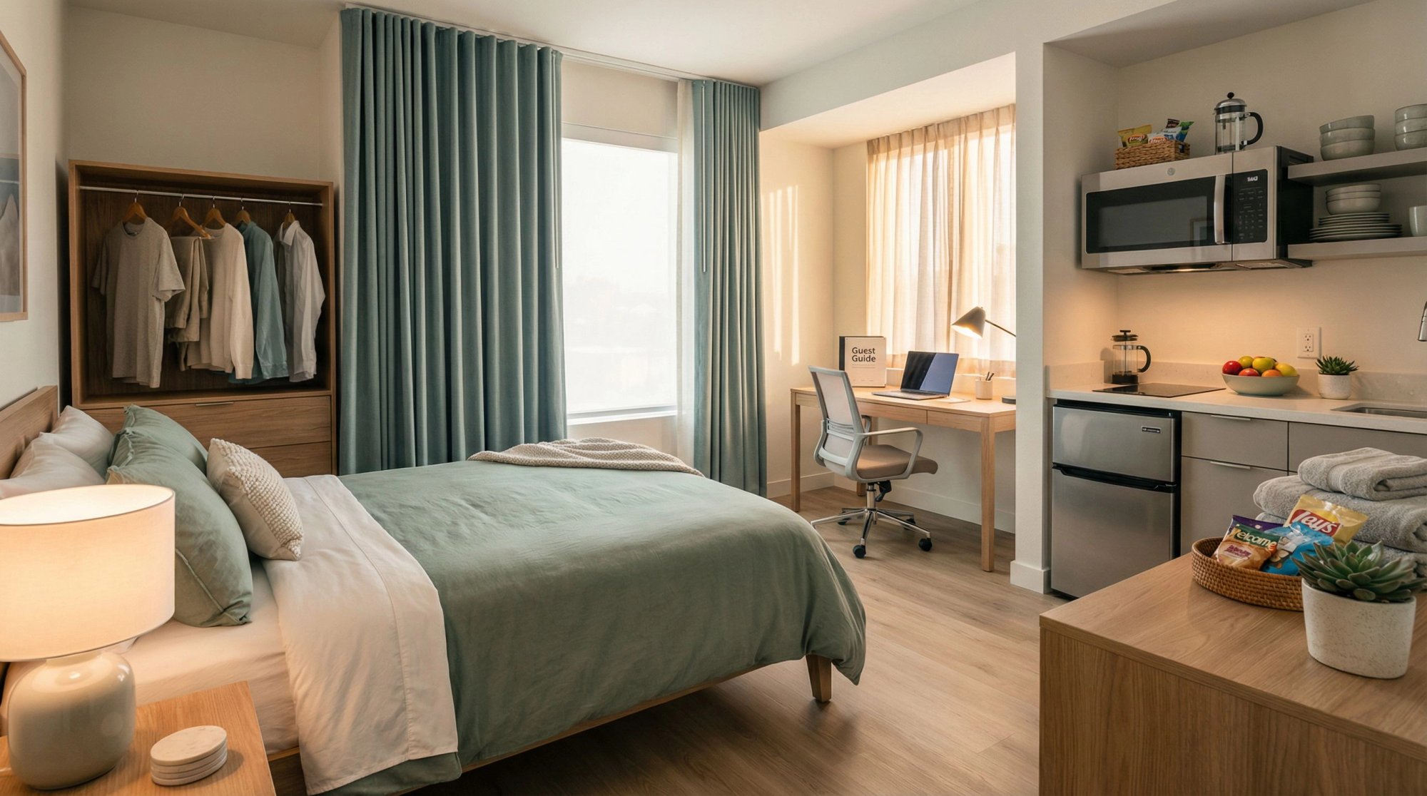 Clean, welcoming furnished one-bedroom apartment interior designed for traveling nurses with quality bed, workspace, and modern amenities