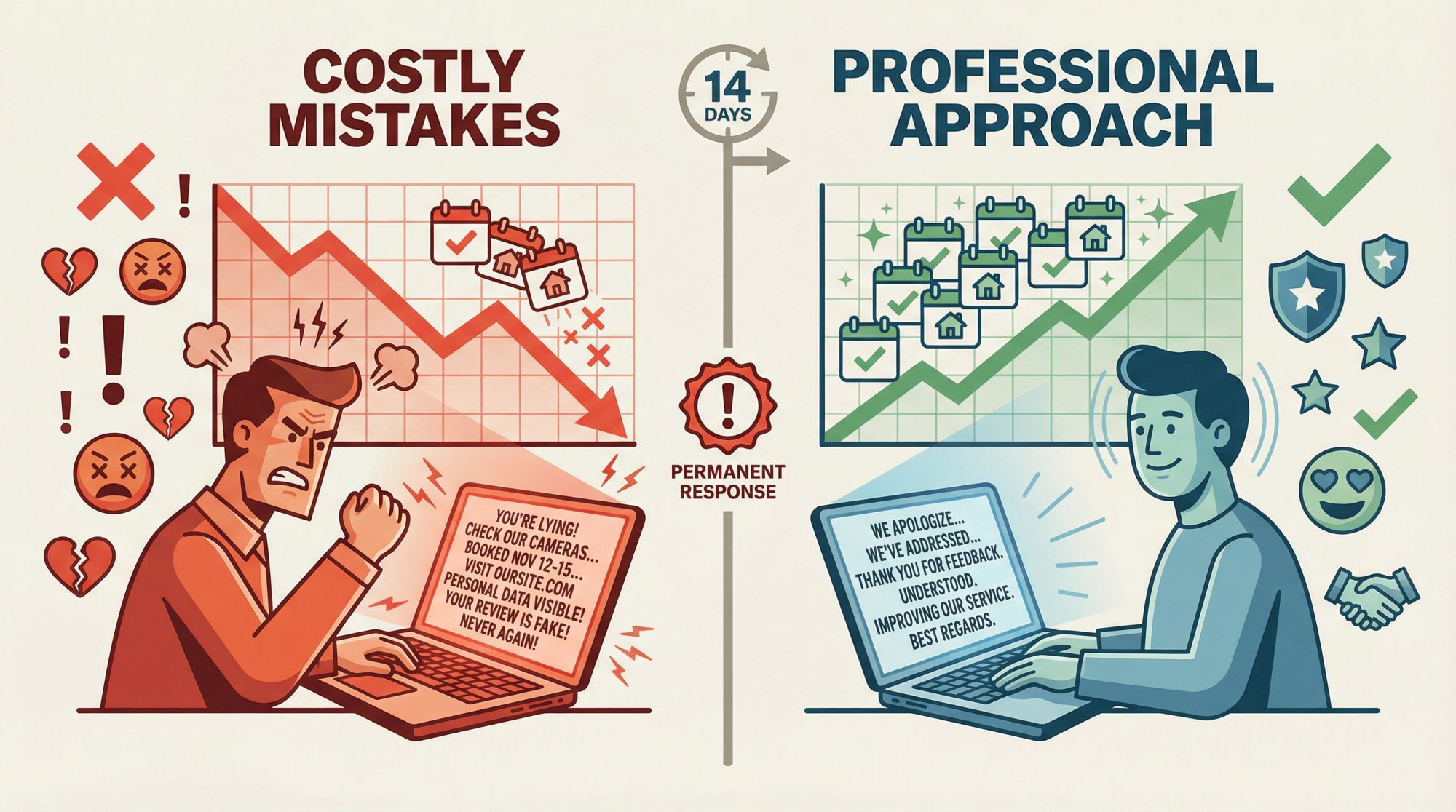 Split comparison showing unprofessional vs professional Airbnb review response approaches and their booking impact