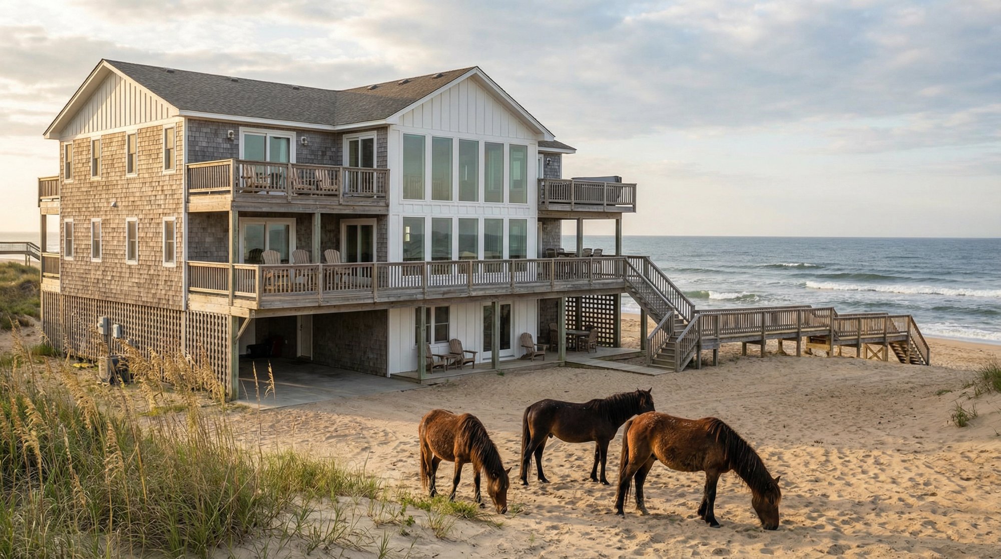 Large multi-story beachfront vacation home in Outer Banks NC with expansive oceanfront deck and wild horses