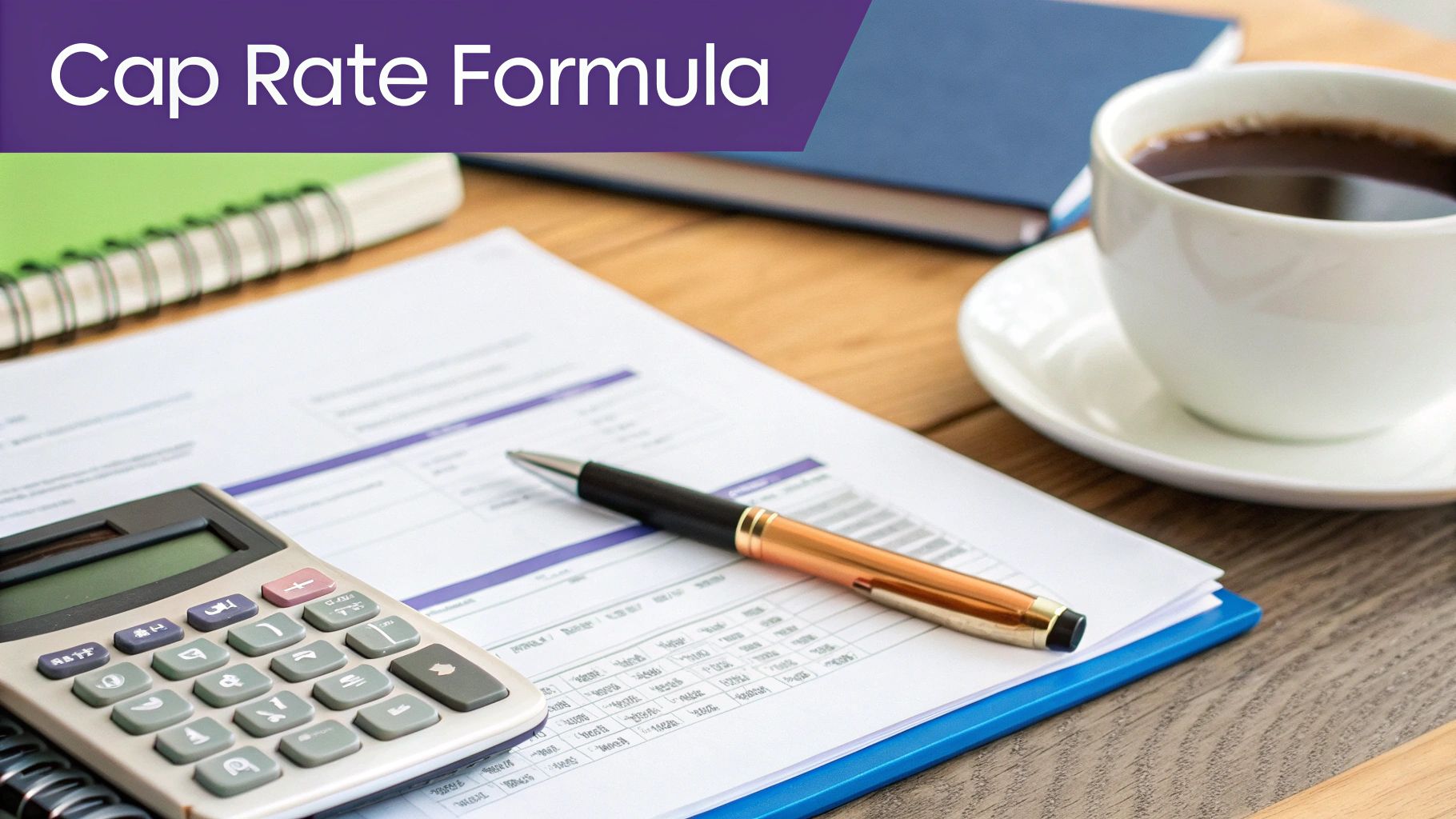 A calculator and a pen on a blueprint, representing the calculation of real estate investment formulas.