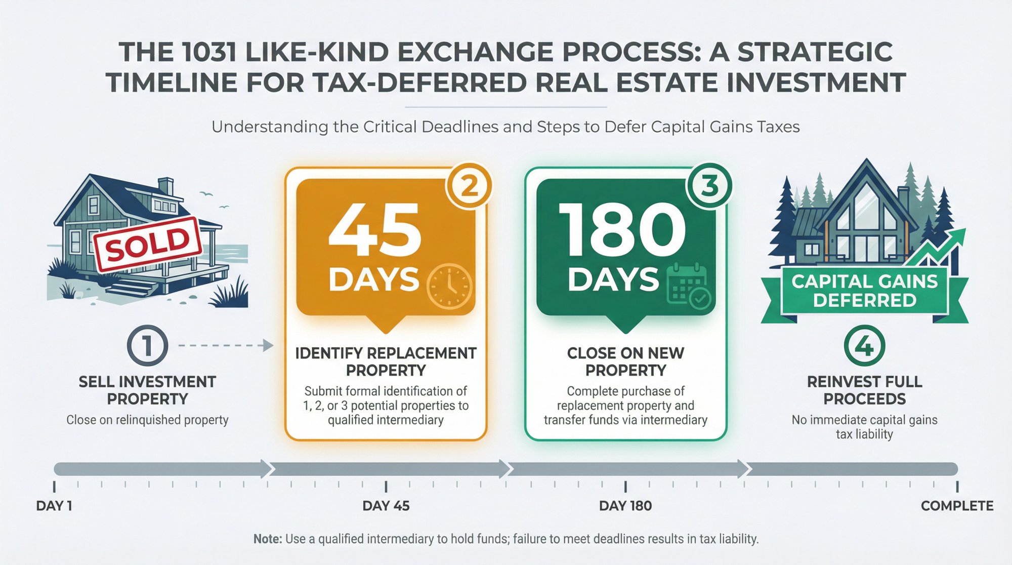 Visual timeline showing the 1031 exchange process with 45-day identification and 180-day closing windows