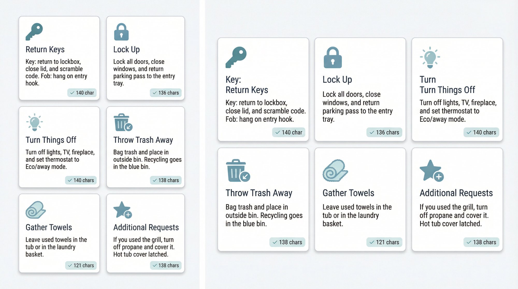 Grid of six checkout instruction template cards showing copy-paste text for Return Keys, Lock Up, Turn Things Off, Throw Trash Away, Gather Towels, and Additional Requests