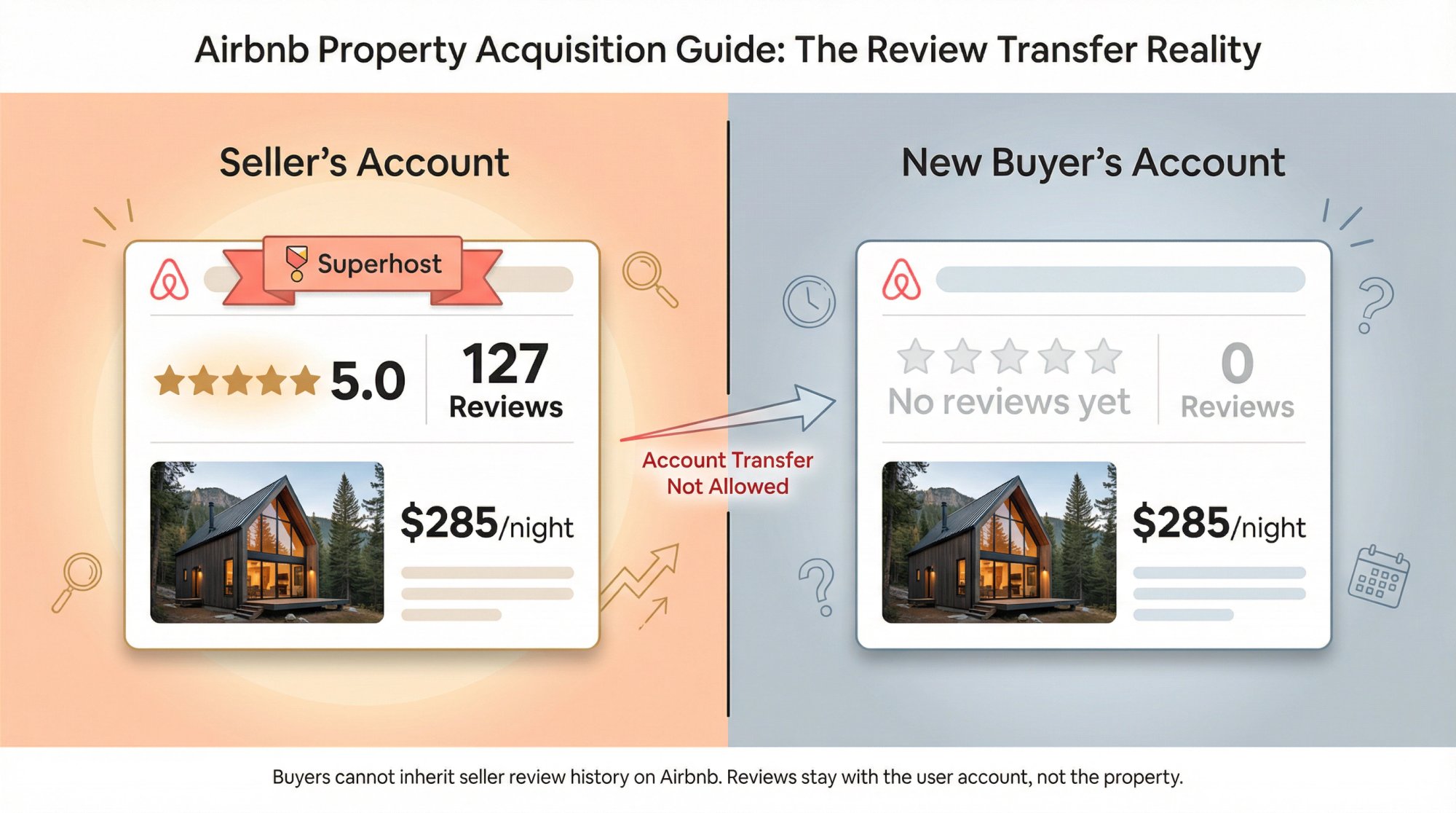 Split-screen comparison showing seller's Airbnb account with established reviews versus new buyer account starting fresh