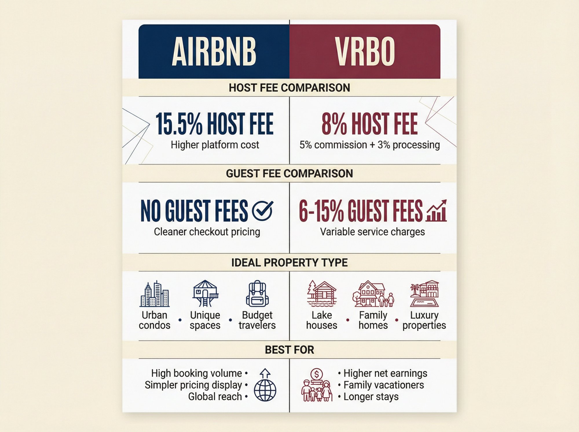 Side-by-side comparison matrix showing when to choose Airbnb vs Vrbo based on host fees, audience type, and property characteristics