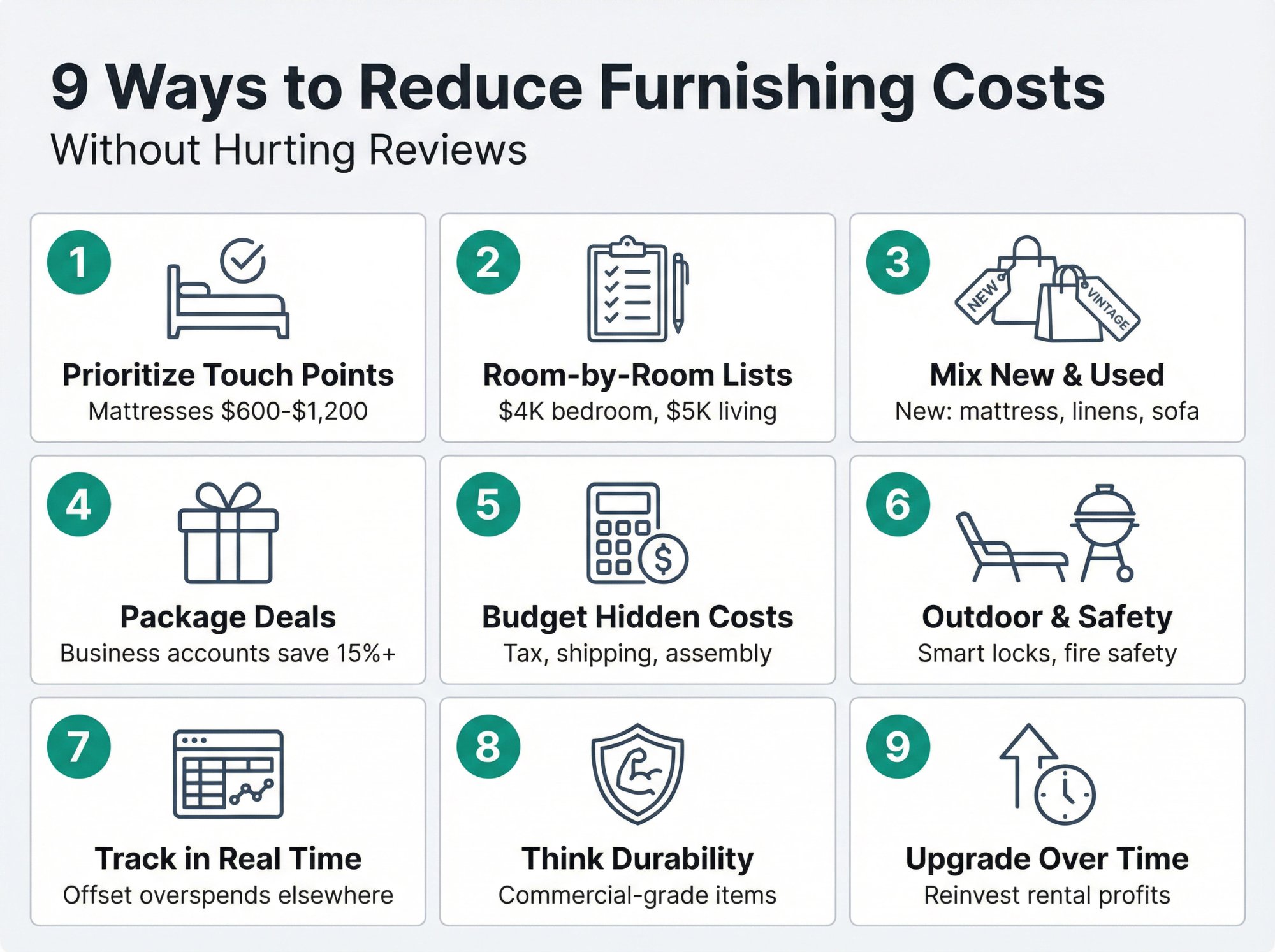 Nine practical strategies to reduce Airbnb furnishing costs organized in a visual grid showing prioritization, budgeting, and smart sourcing tactics