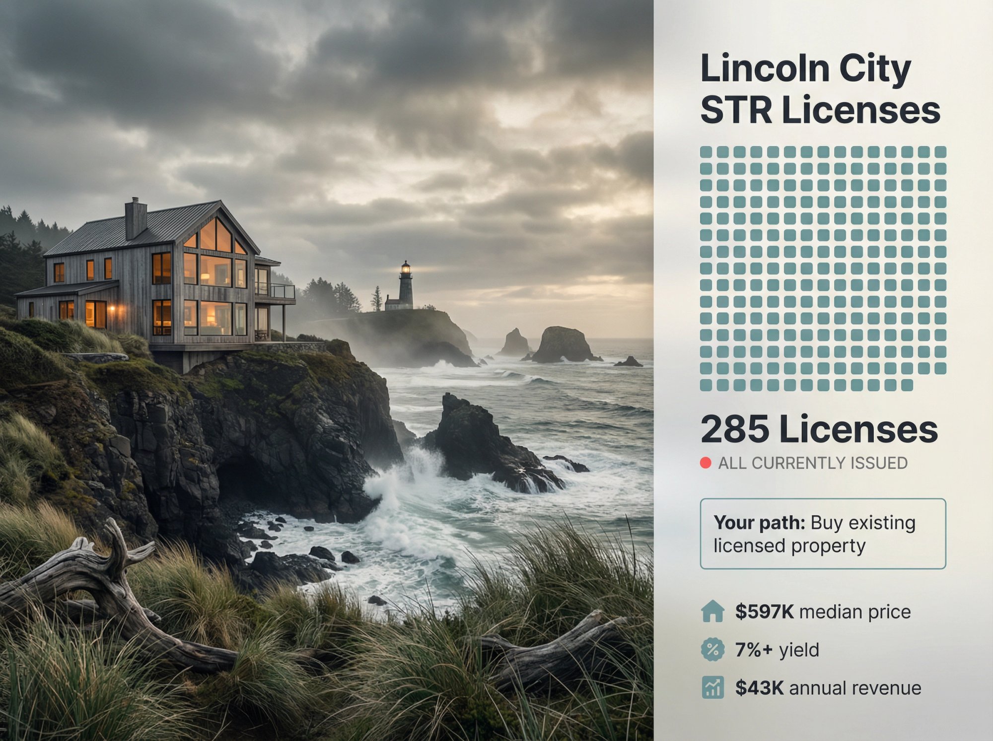 Moody Oregon Coast rental property with dramatic cliffs and limited STR permit visualization