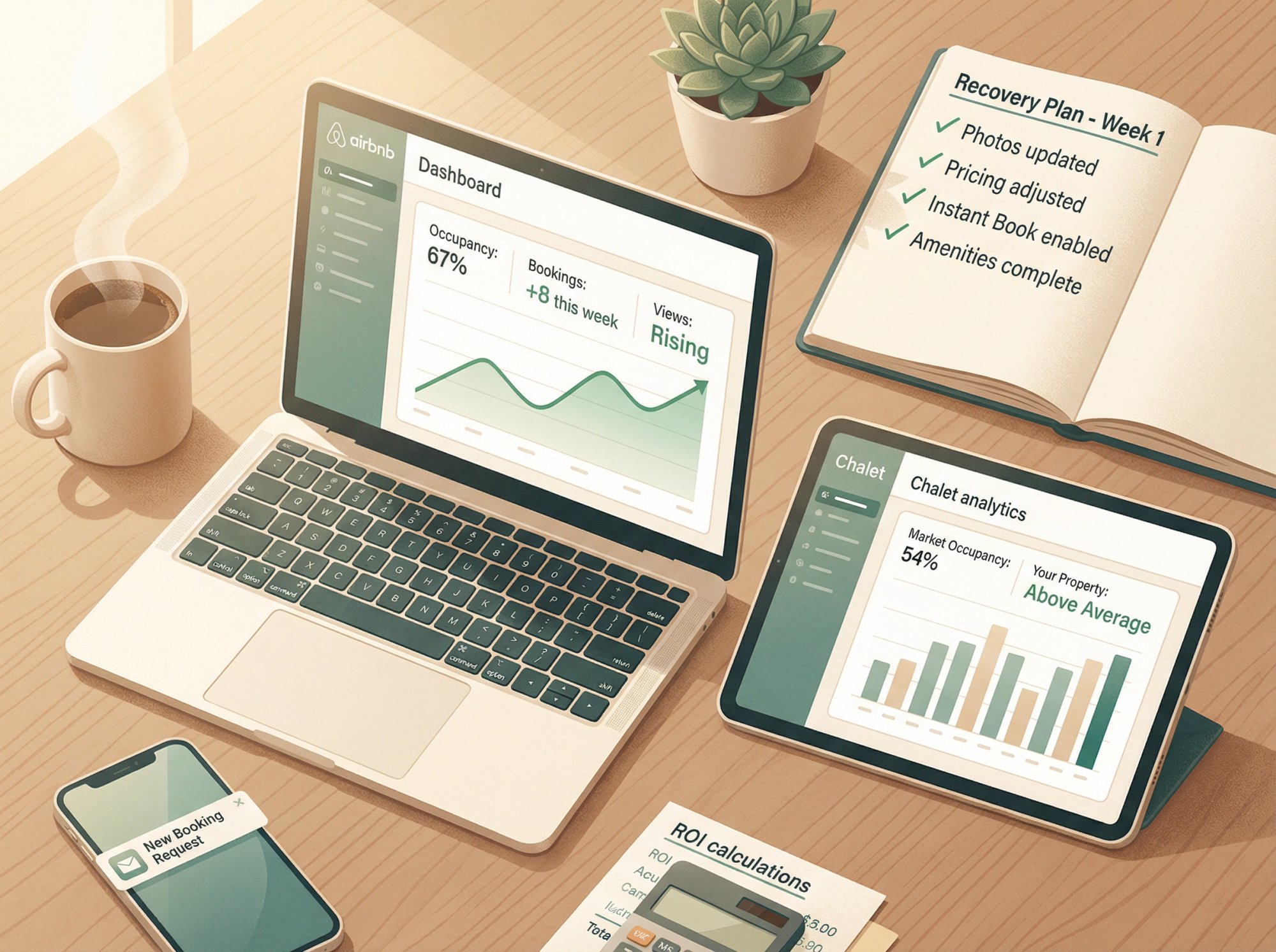 Organized workspace showing Airbnb host dashboard with rising booking graphs, checklist items marked complete, and analytics tools indicating recovered performance