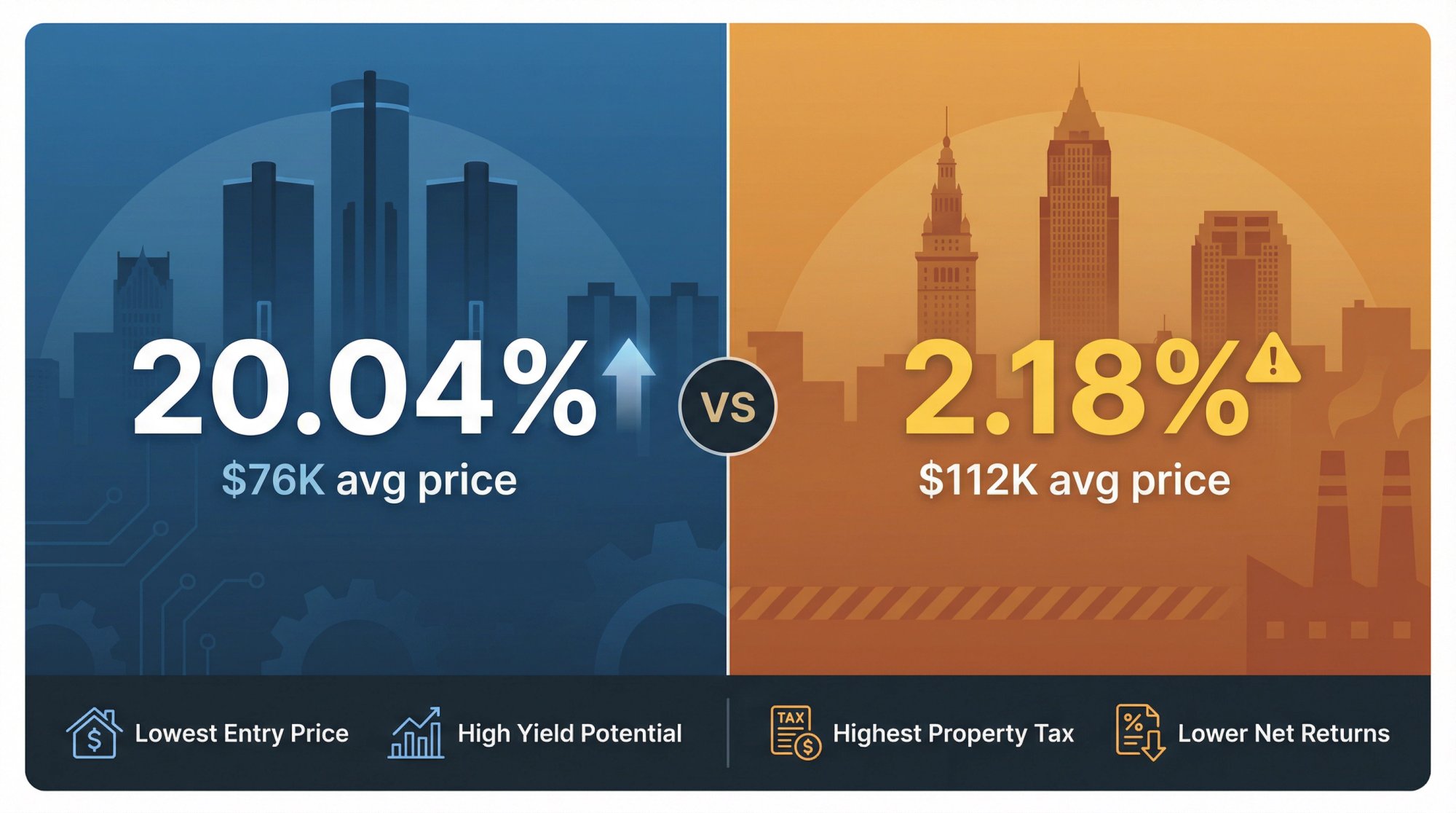 Detroit and Cleveland Airbnb market comparison showing 20% gross yield vs 2.18% property tax trade-offs