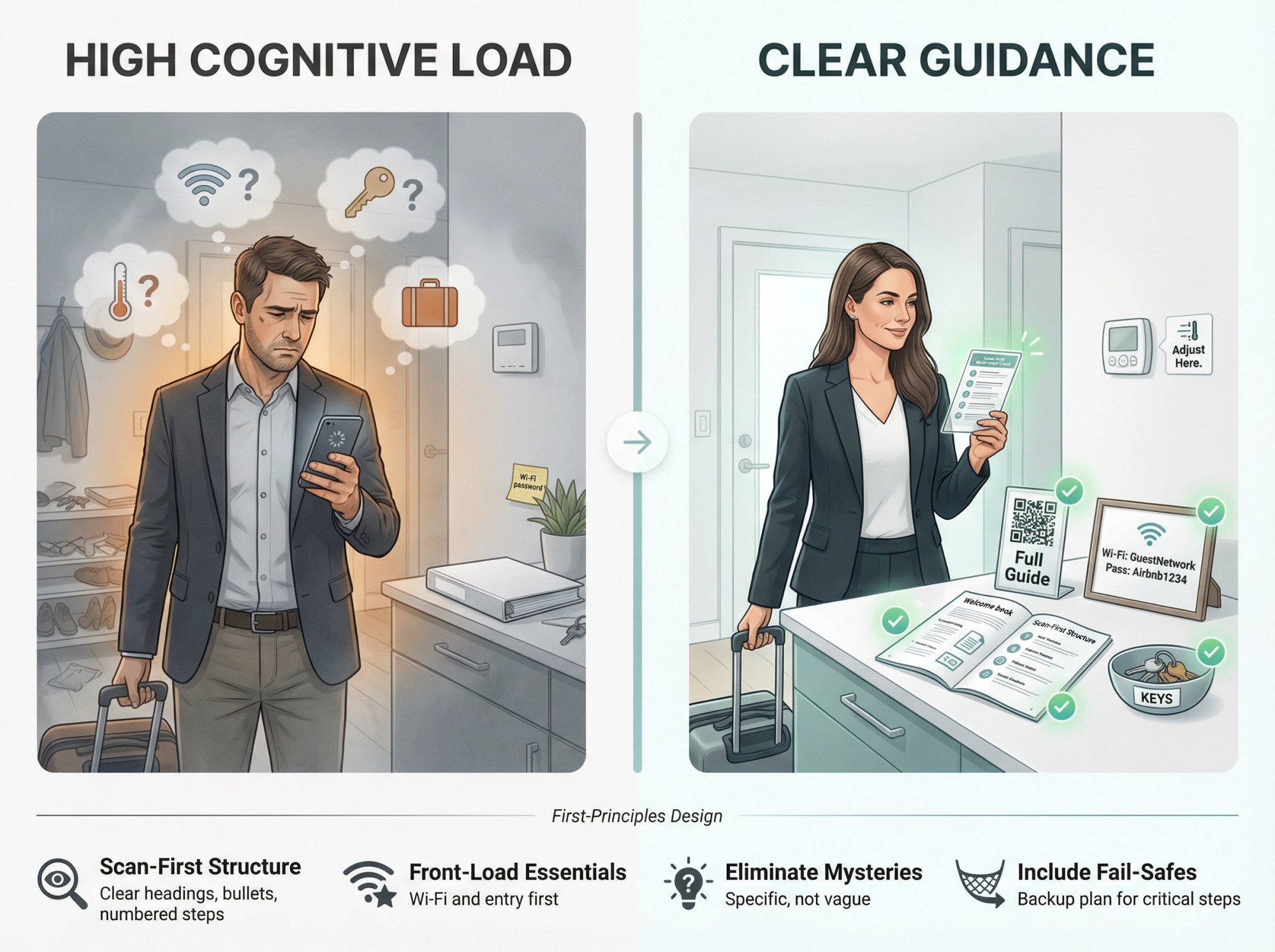 Visual diagram contrasting confused guest with high cognitive load versus organized guest with clear welcome book guidance