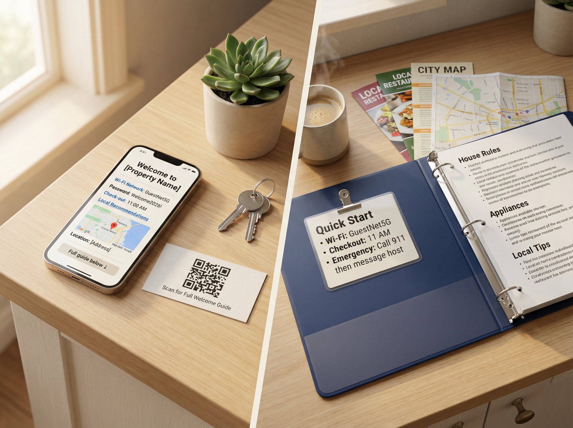 Split comparison of digital welcome book on smartphone versus printed binder on rental property table