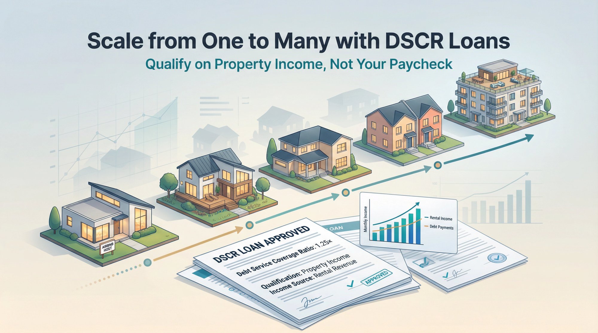 Visual journey showing growth from single Airbnb property to multiple rental properties using DSCR loans, with financial documents and income metrics