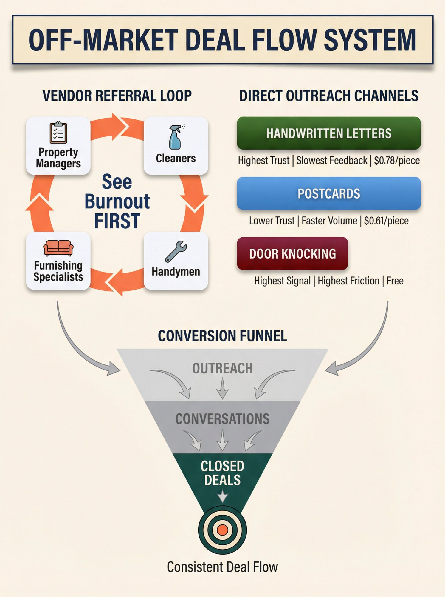 Off-market deal flow system showing vendor referral loops and direct outreach channels feeding consistent STR inventory