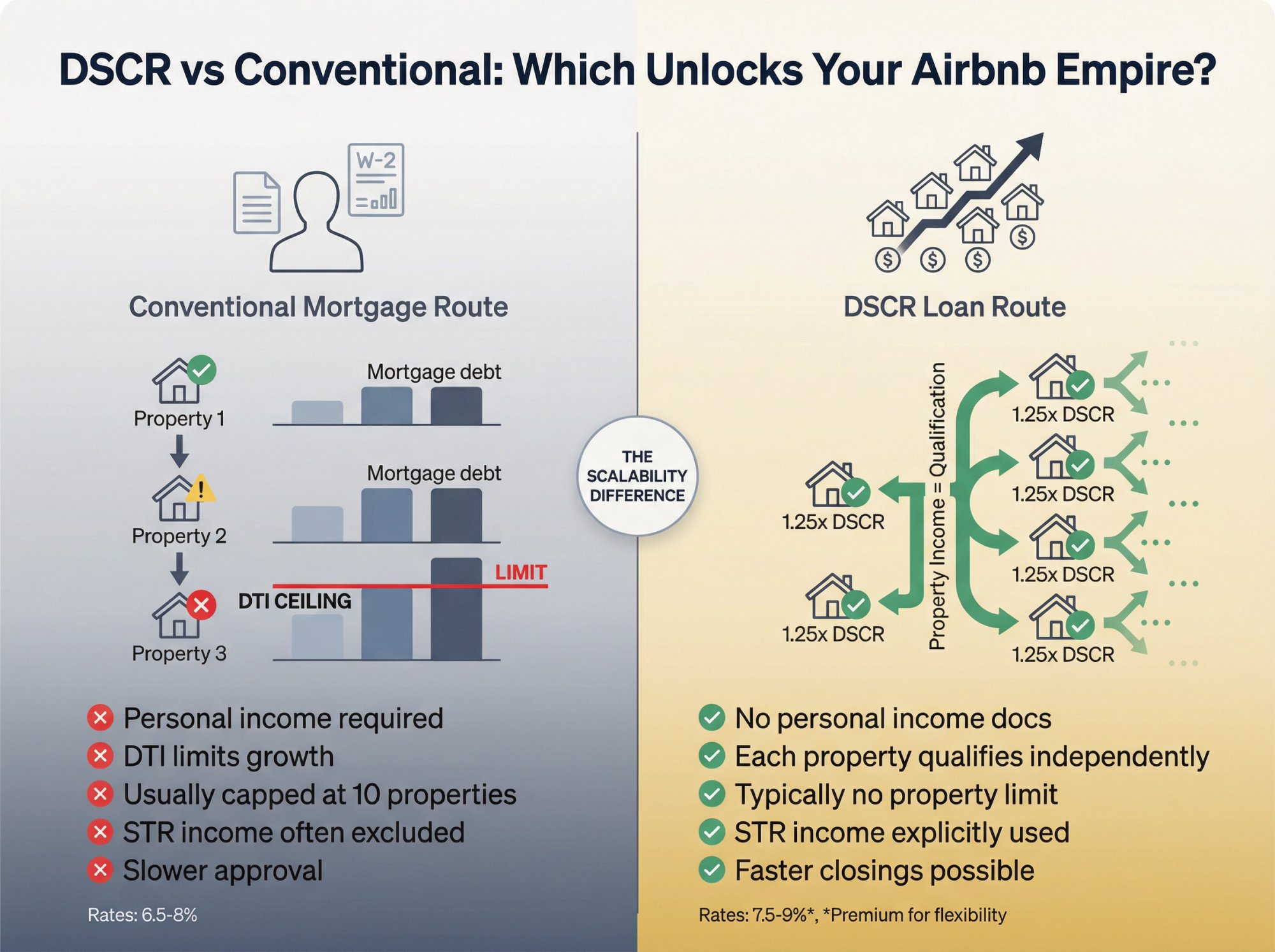 Side-by-side comparison showing DSCR loans enabling unlimited property scaling versus conventional mortgages hitting DTI ceiling after 1-3 properties