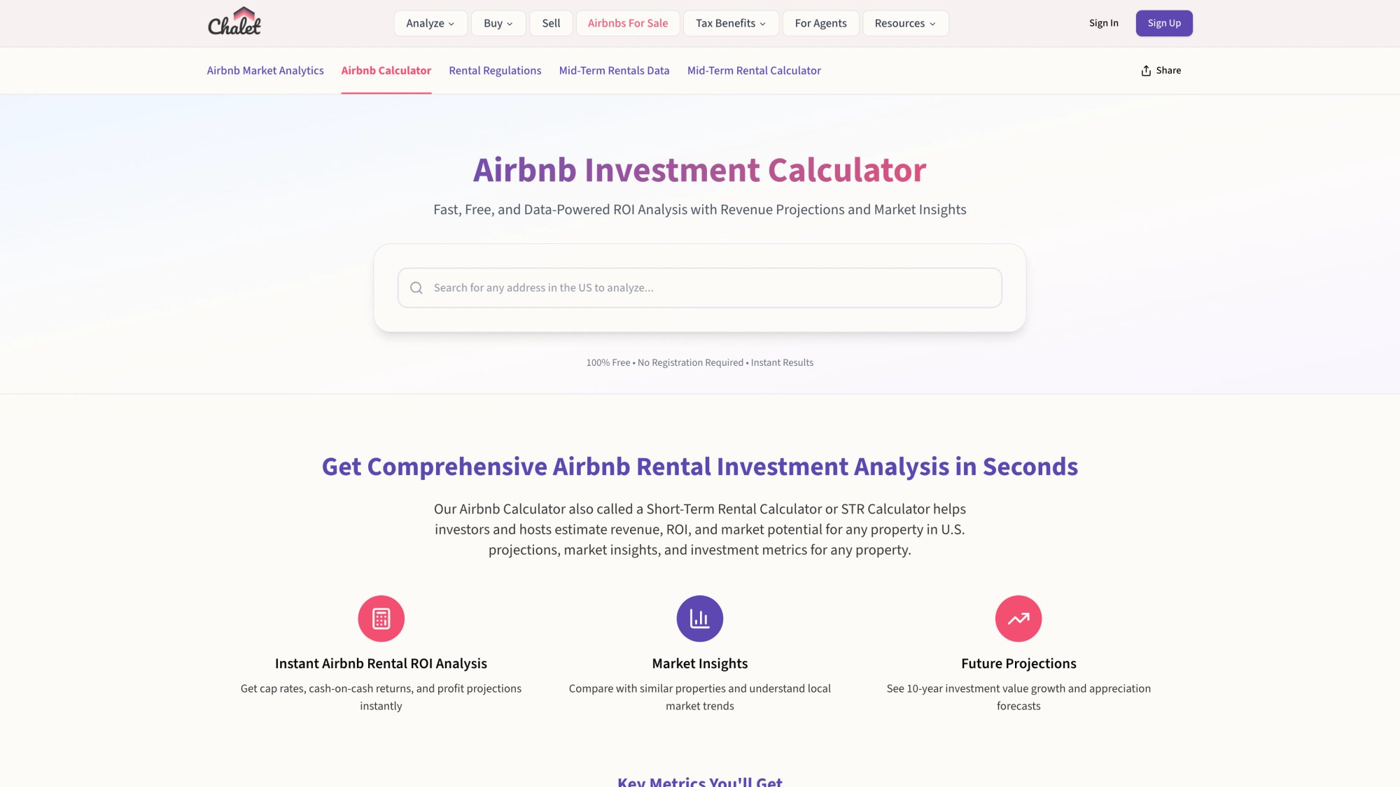 Chalet ROI calculator interface for Airbnb rental property analysis with DSCR and cash flow projections