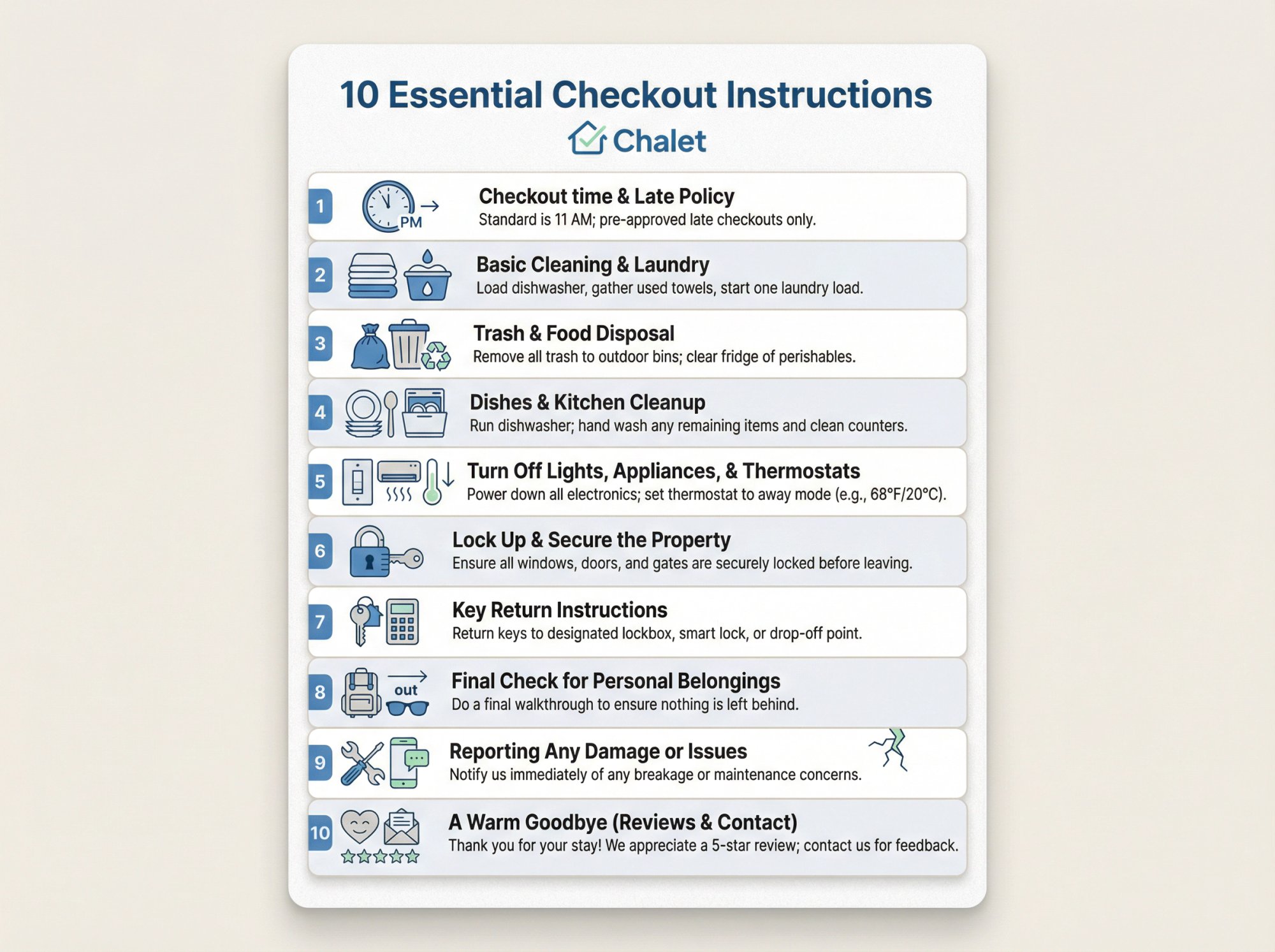 Visual checklist showing 10 essential Airbnb checkout instructions organized in sequence: checkout time, cleaning and laundry, trash disposal, dishes and kitchen cleanup, lights and appliances, locking up, key returns, personal belongings check, damage reporting, and warm goodbye