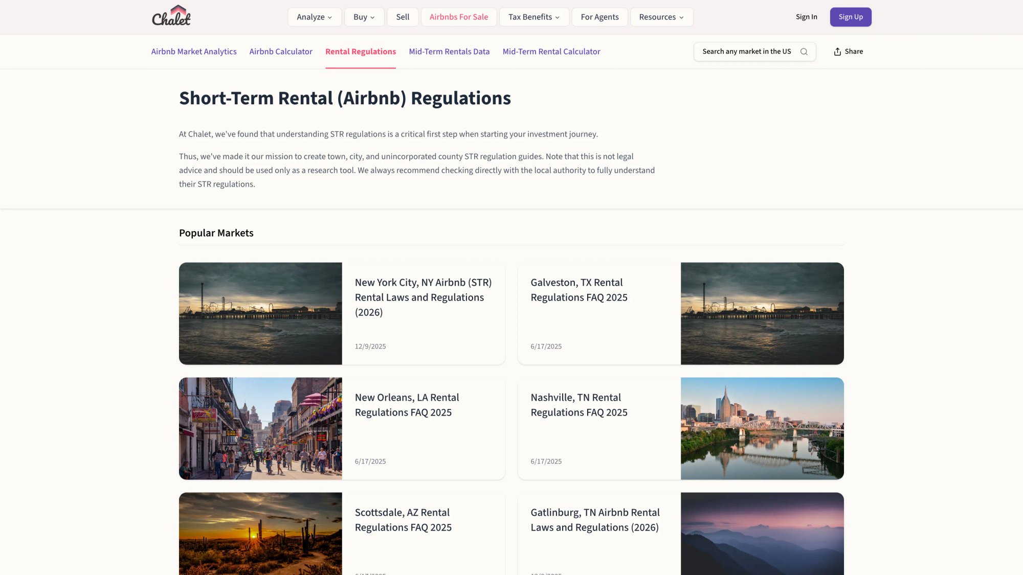 Chalet STR regulation library showing permit requirements, compliance status, and rules for multiple U.S. cities and states