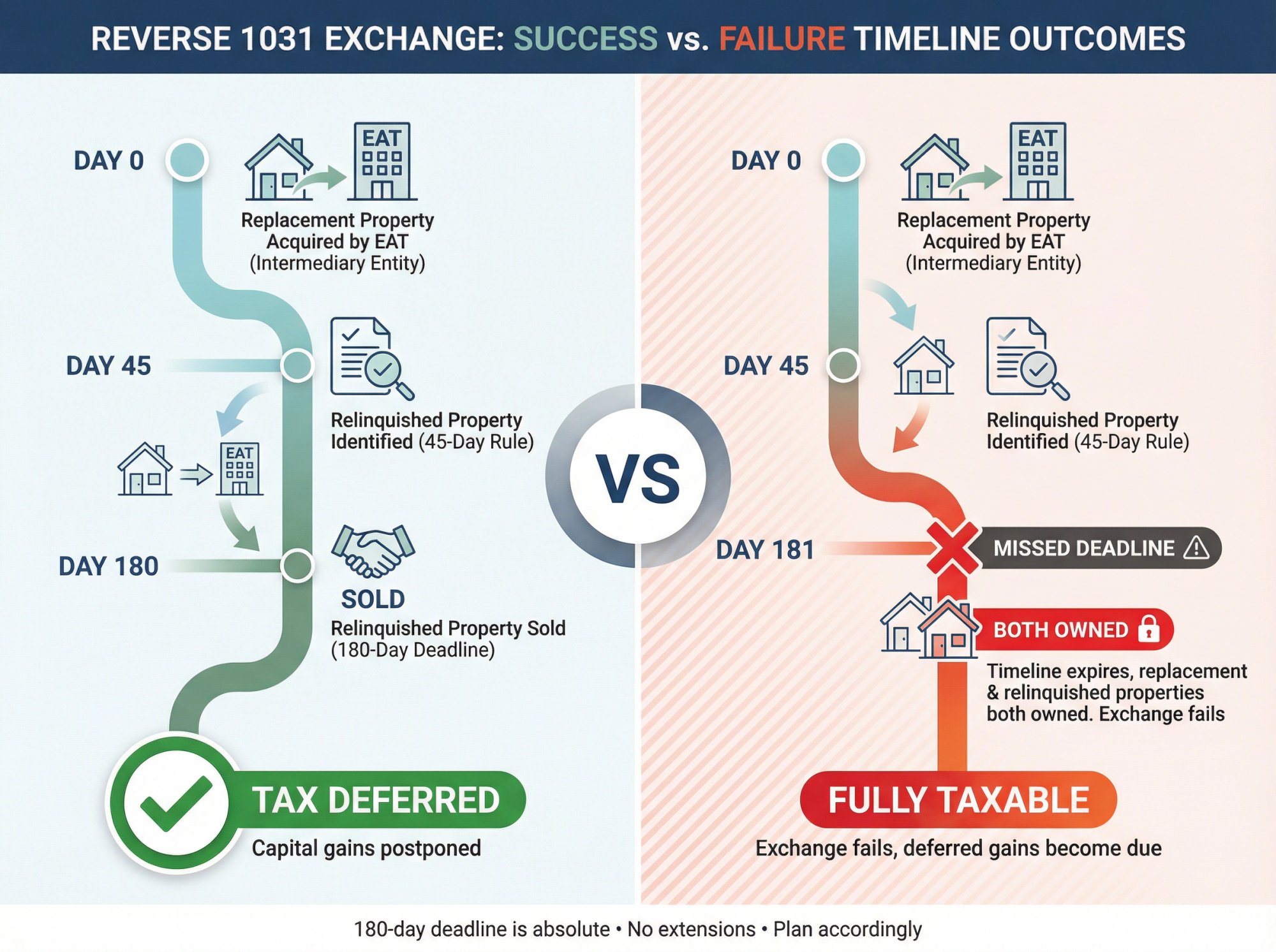 Split comparison showing reverse 1031 exchange success timeline versus failure scenario with Day 181 deadline miss