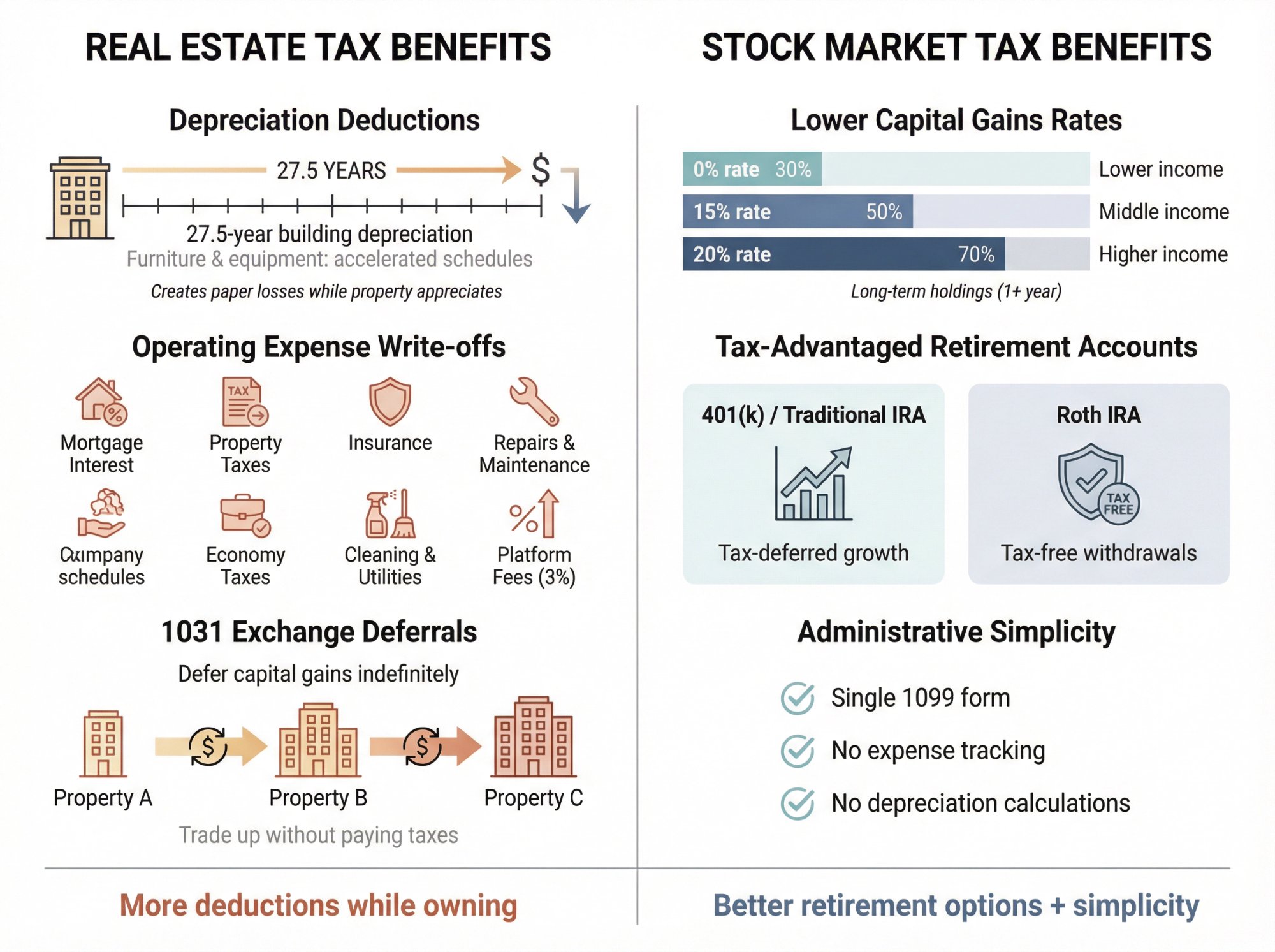 Side-by-side comparison of tax benefits for Airbnb rental properties vs stock market investments