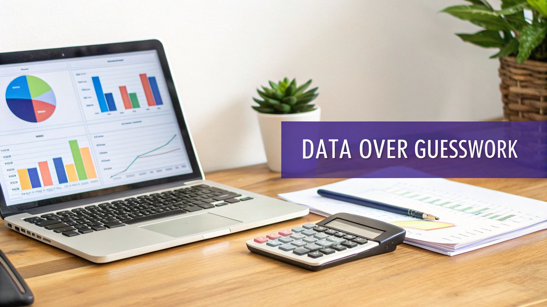 A woman at a desk with a laptop and coffee, using a calculator and taking notes.