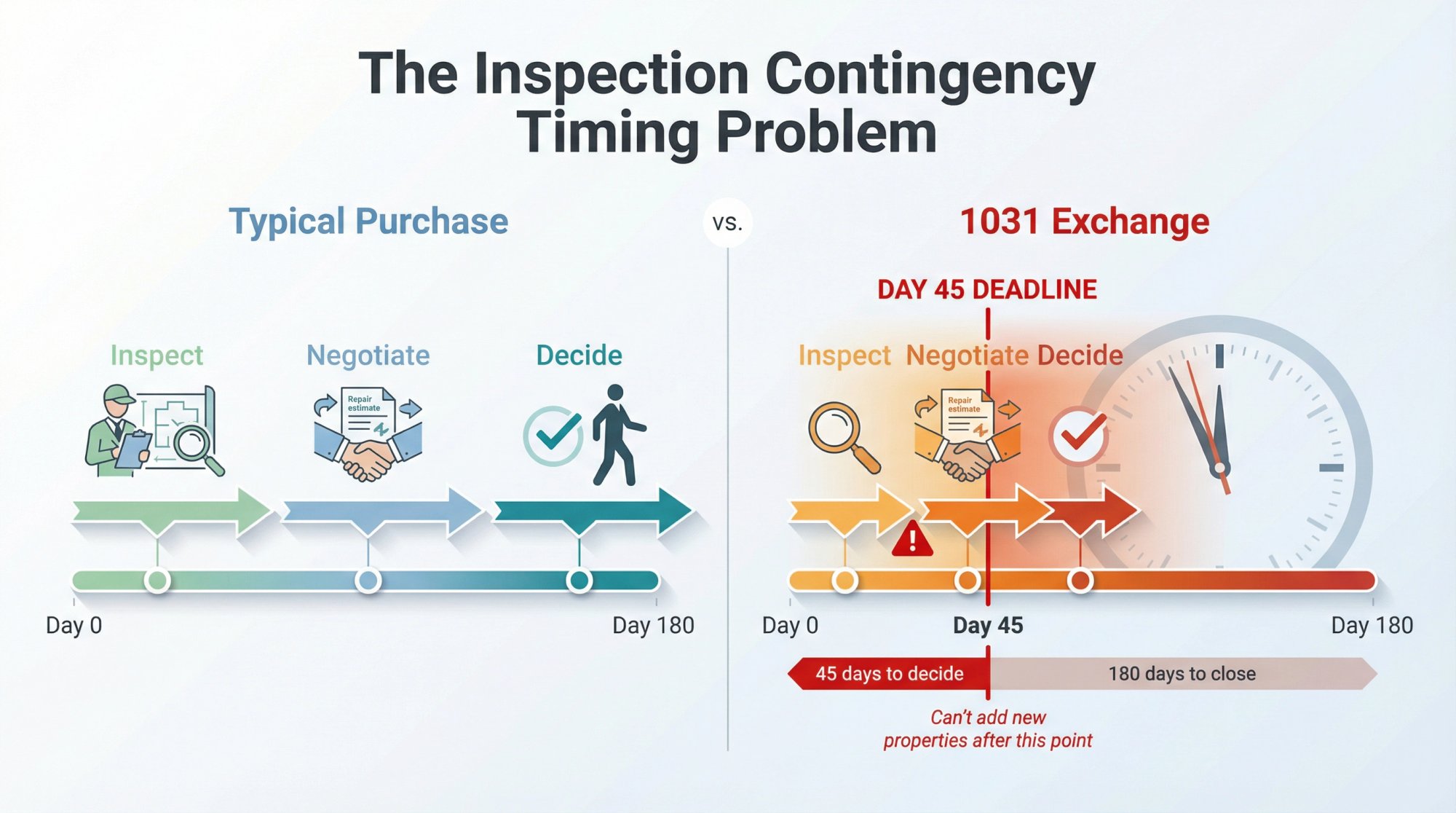 Visual timeline showing 1031 exchange Day 45 deadline colliding with inspection contingency period