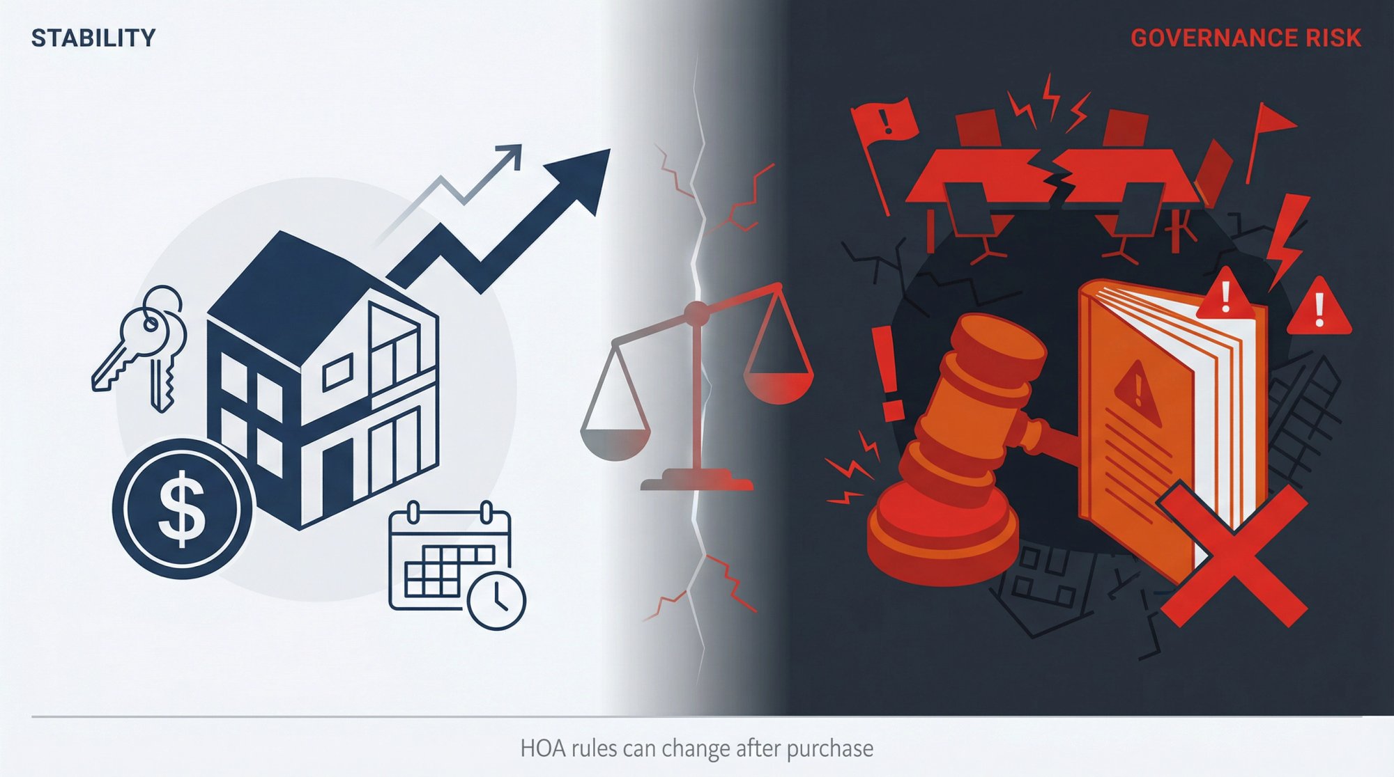 Split editorial illustration showing HOA governance risk: investor stability on left versus board rule changes on right