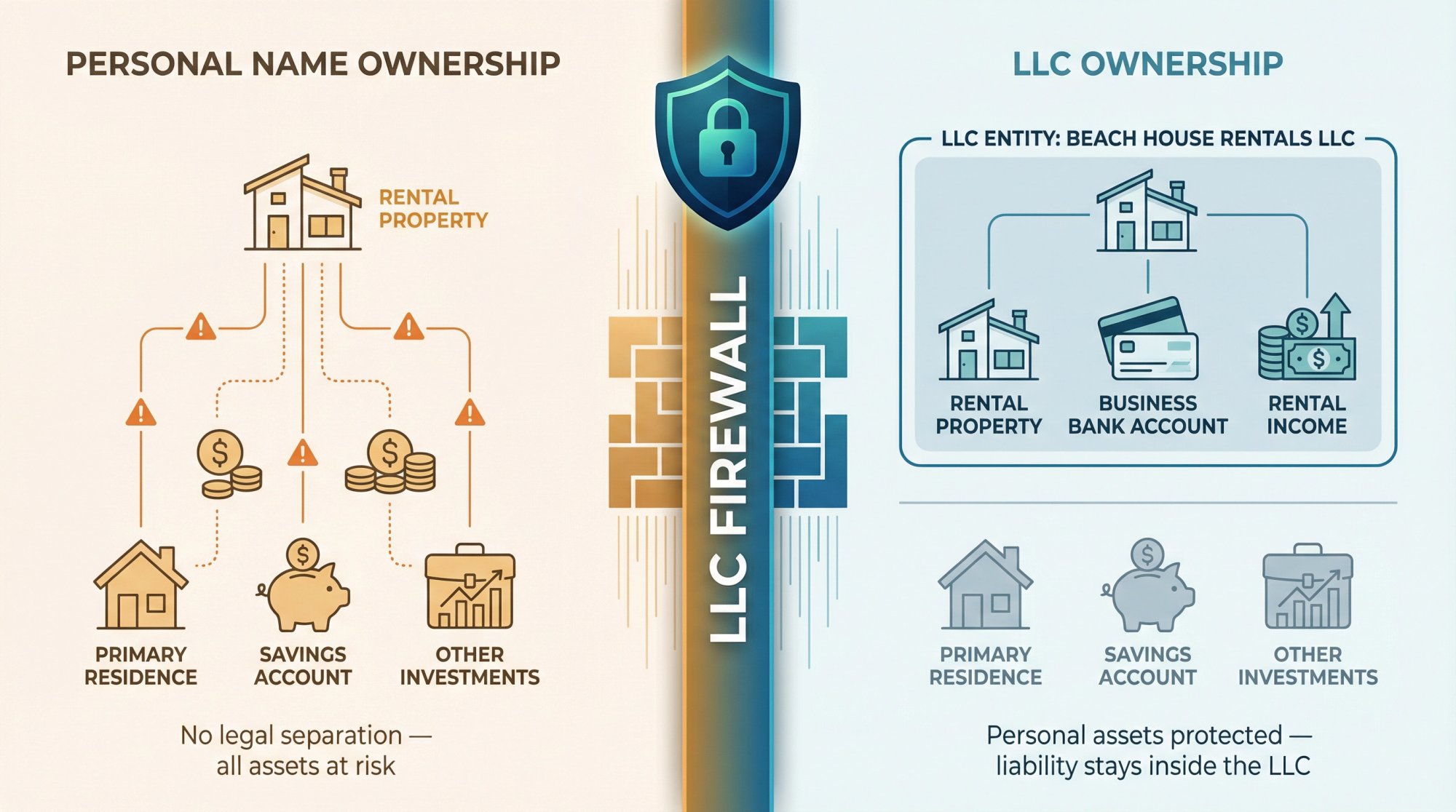 Visual diagram showing how an LLC creates a legal firewall between rental property liabilities and personal assets
