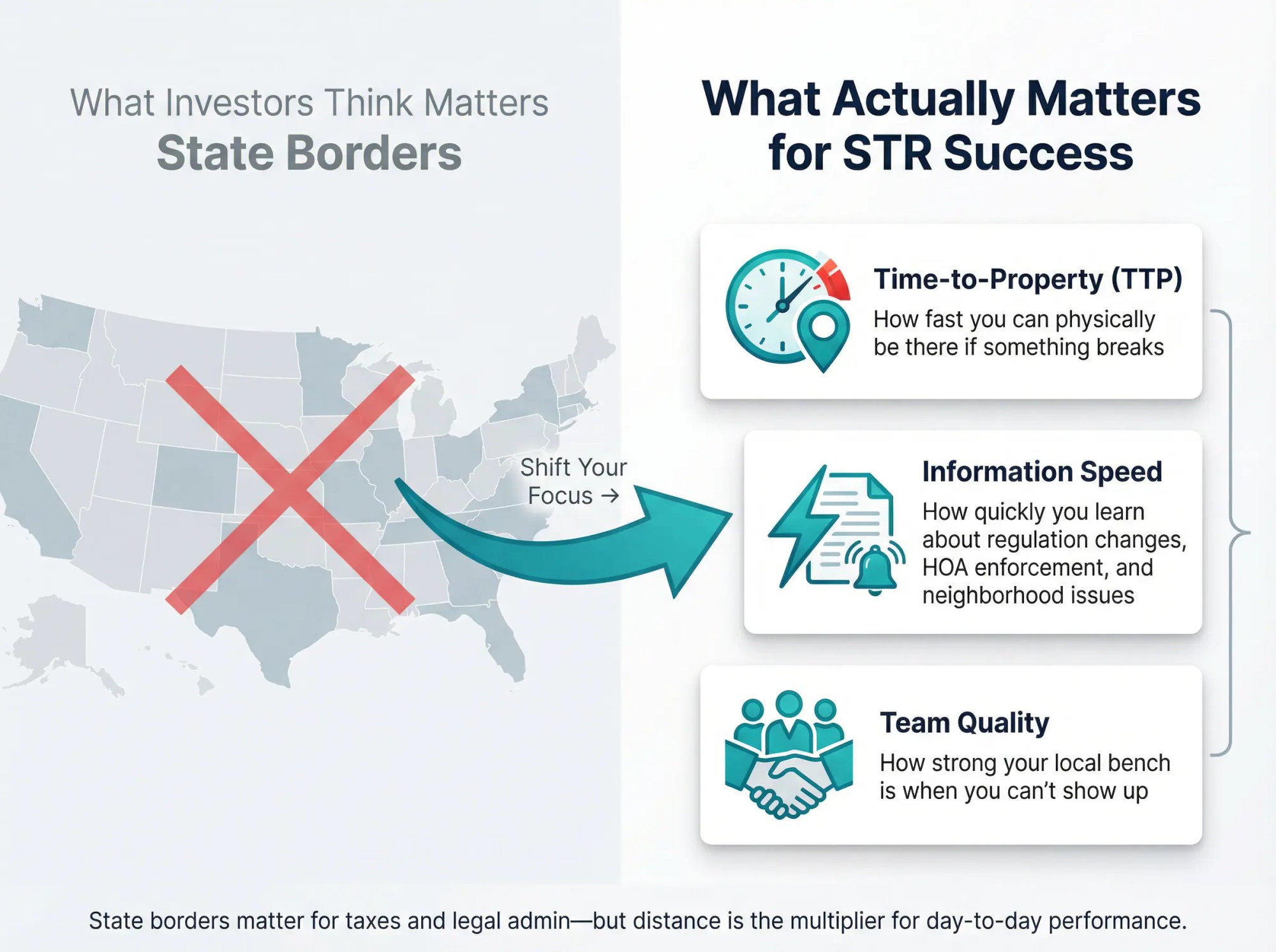 Visual comparison showing state borders as irrelevant while highlighting the three real operational factors: time-to-property, information speed, and team quality