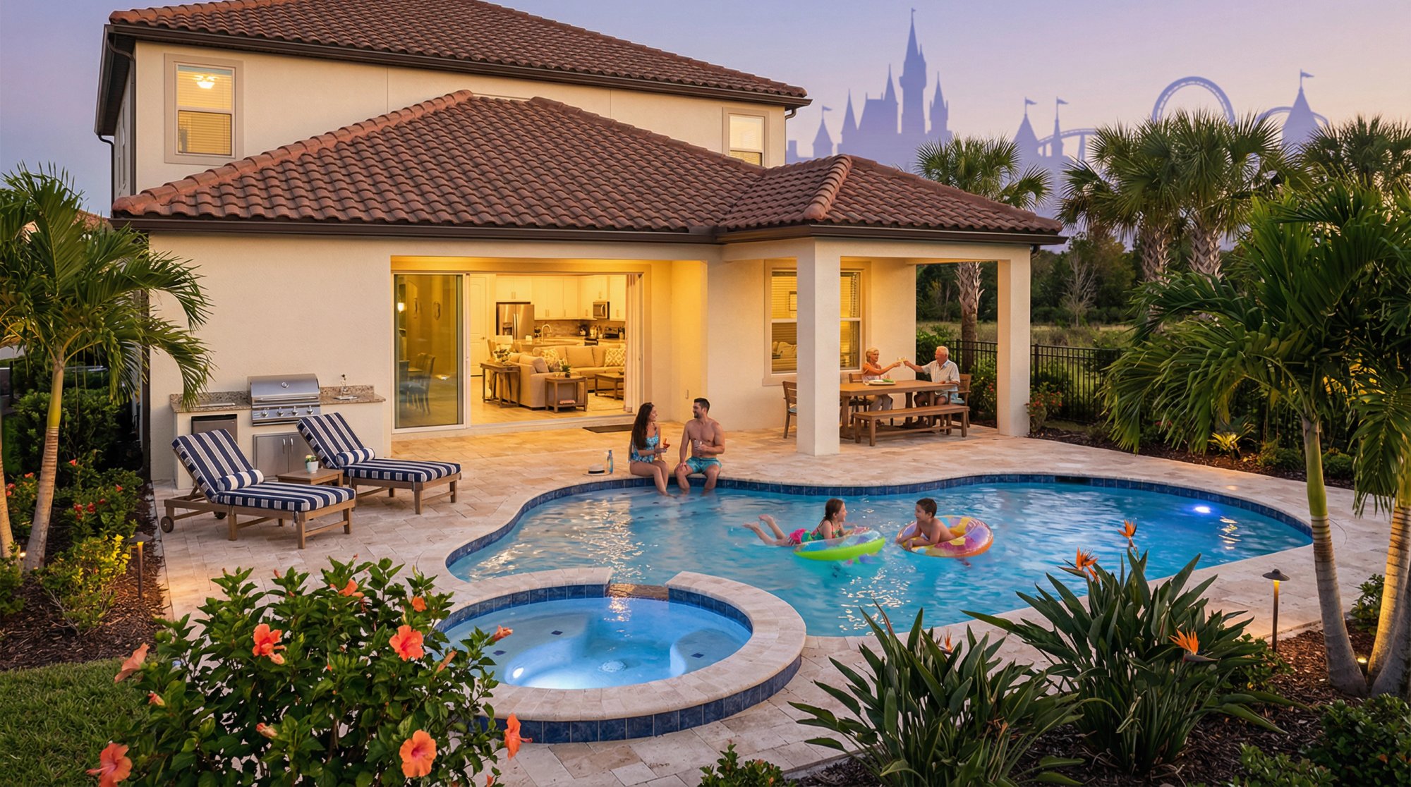 Spacious Florida vacation home with pool near theme parks, families relaxing in evening ambiance