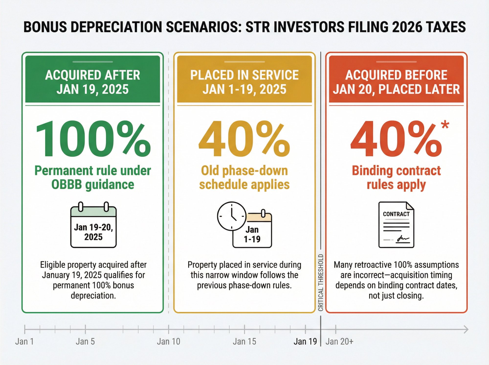 Visual comparison of three bonus depreciation rate scenarios for STR investors based on acquisition and service dates