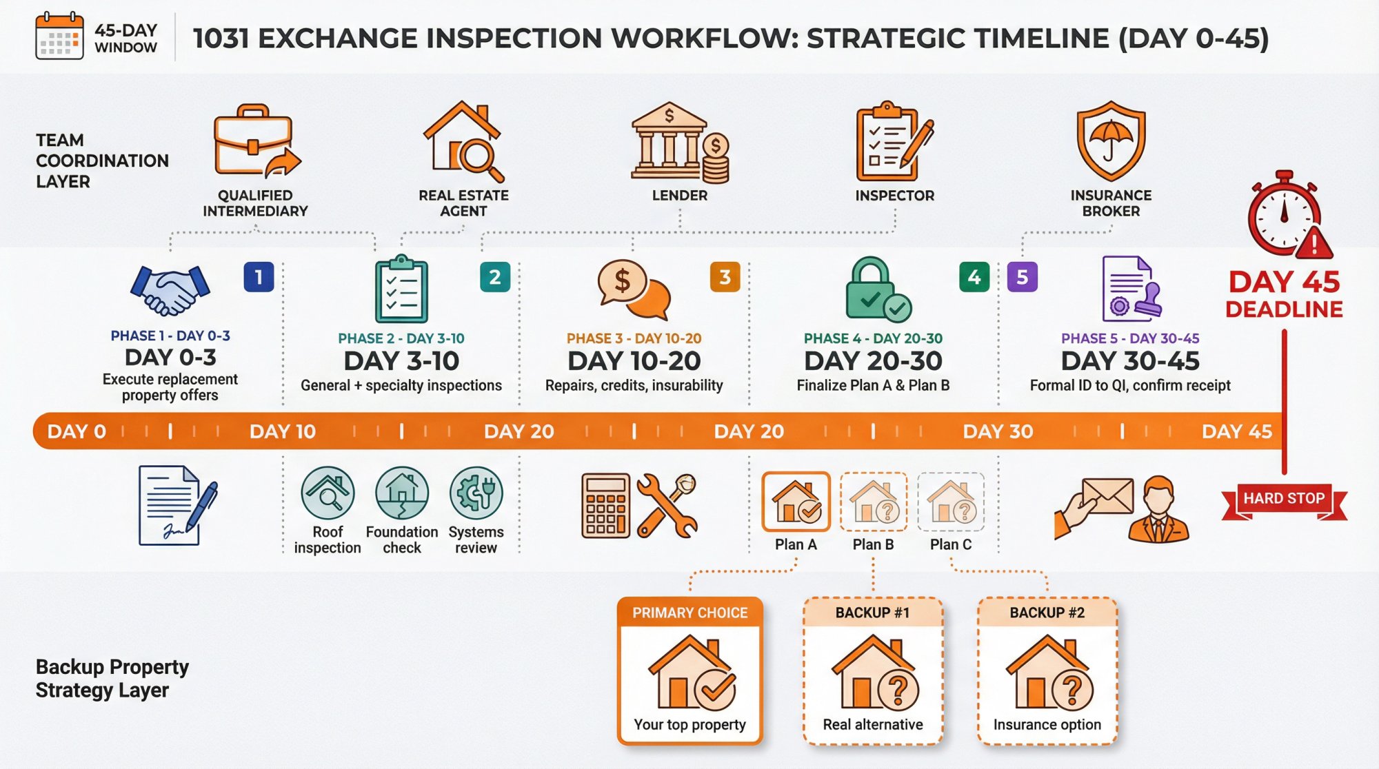 1031 exchange Day 0-45 inspection timeline with team coordination checkpoints and backup property strategy
