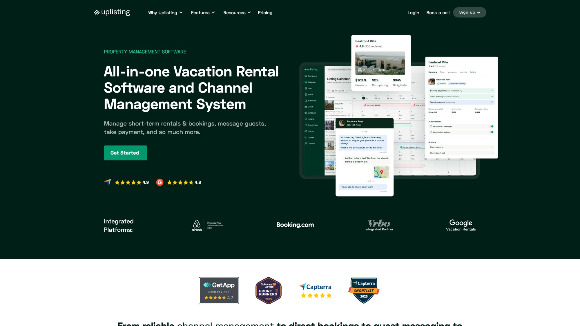 Uplisting property management software homepage showing pricing structure and official integrations with major booking platforms
