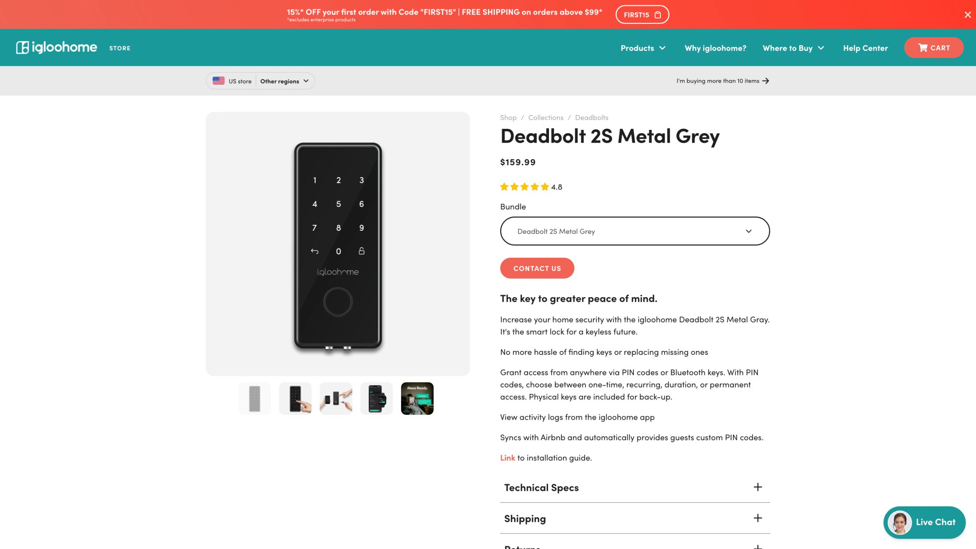 igloohome Deadbolt 2S product page showing offline-capable smart lock with Airbnb sync at $160